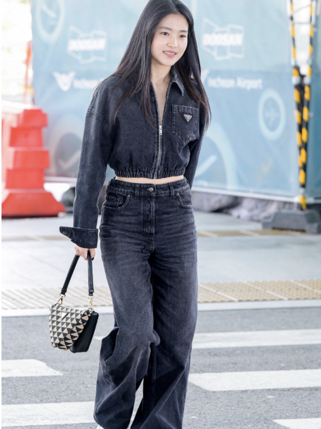 Prada Symbole Leather and Fabric Mini Bag Black Beige, (W) Prada Denim Blouson Jacket Black 착용 스타일 - 1