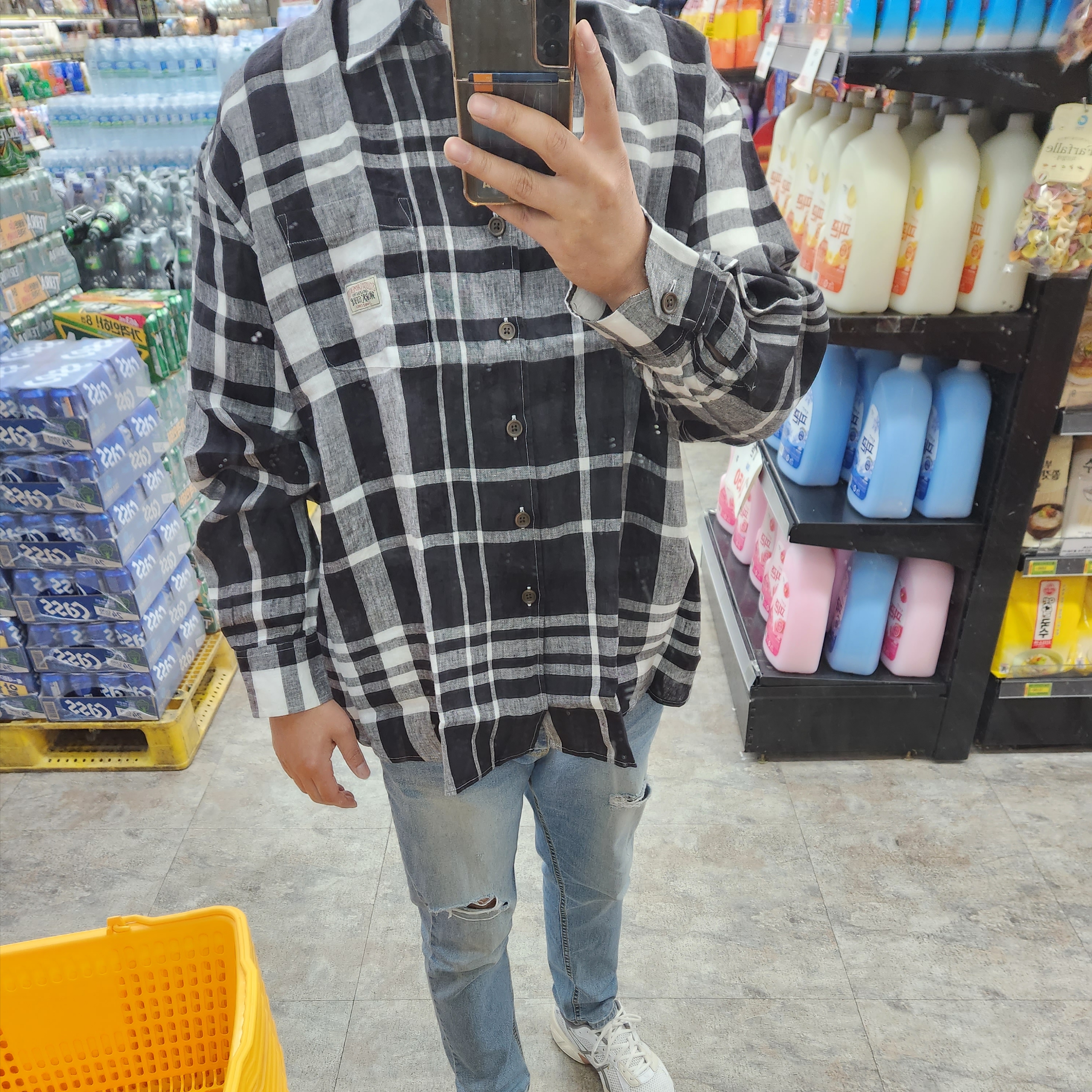 Stussy x Our Legacy Work Shop Borrowed Shirt Bold Check Linen 착용 스타일 - 1