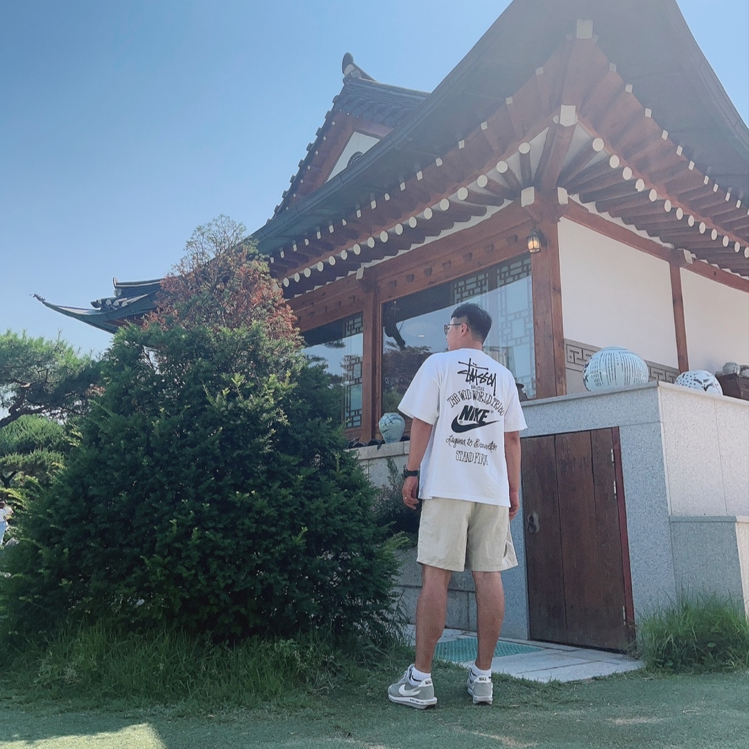 Stussy x Our Legacy Work Shop Water Shorts Taupe, Nike x Stussy T-Shirt White (DV1774-100) 착용 스타일