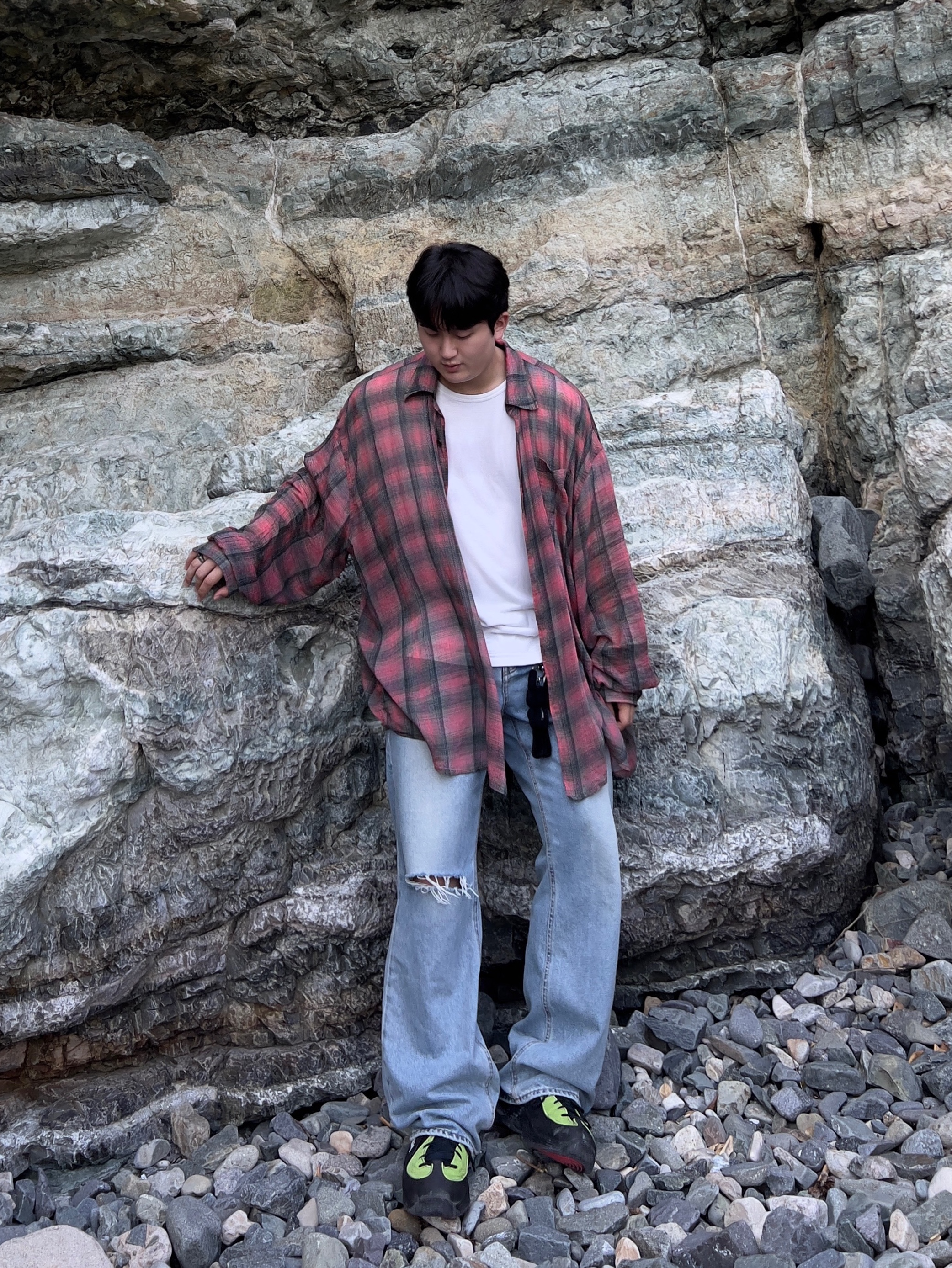 Our Legacy Borrowed Shirt Big Lumbercheck Print, Nike x Stussy Air Penny II Vivid Green and Black 착용 스타일 - 2