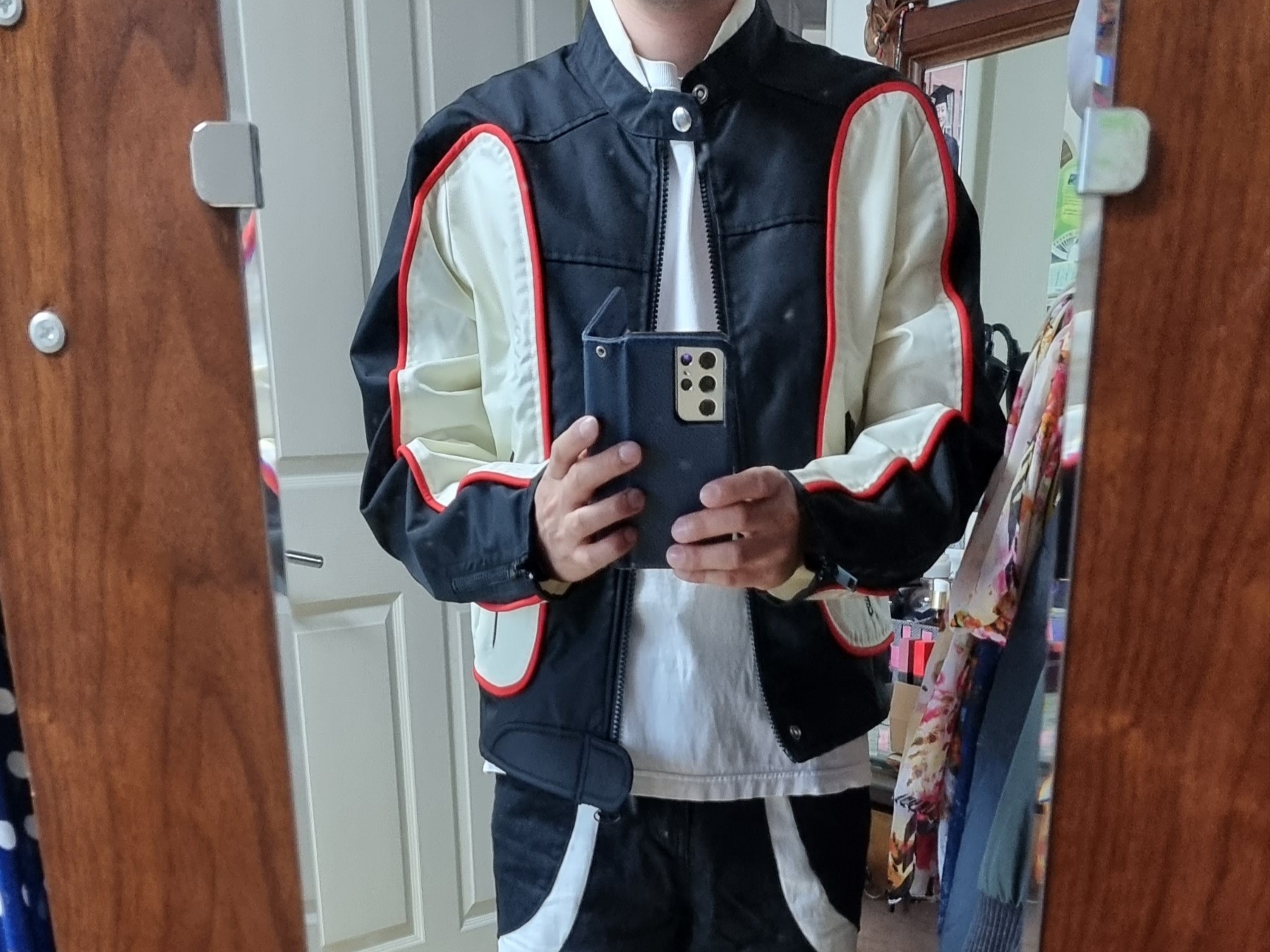 Diesel J-Blink Biker Jacket in Colour-Block Nylon Black White 착용 스타일