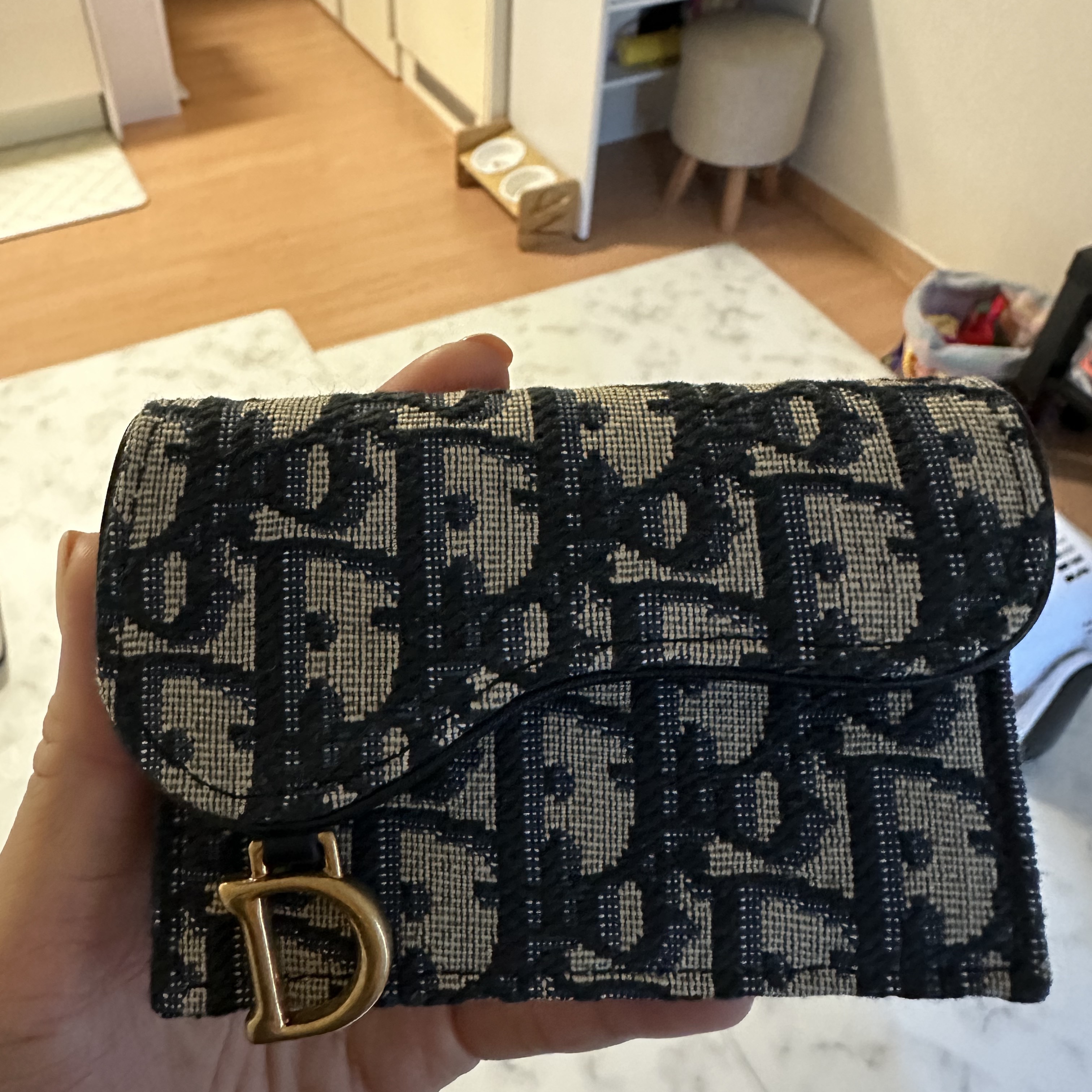Dior Saddle Flap Card Holder Blue Dior Oblique Jacquard 착용 스타일