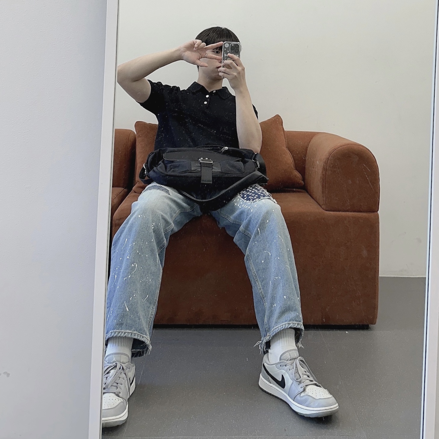 Zara x Ader Error Patchwork Jeans Blue, Jordan 1 Low Golf Wolf Grey 착용 스타일 - 2