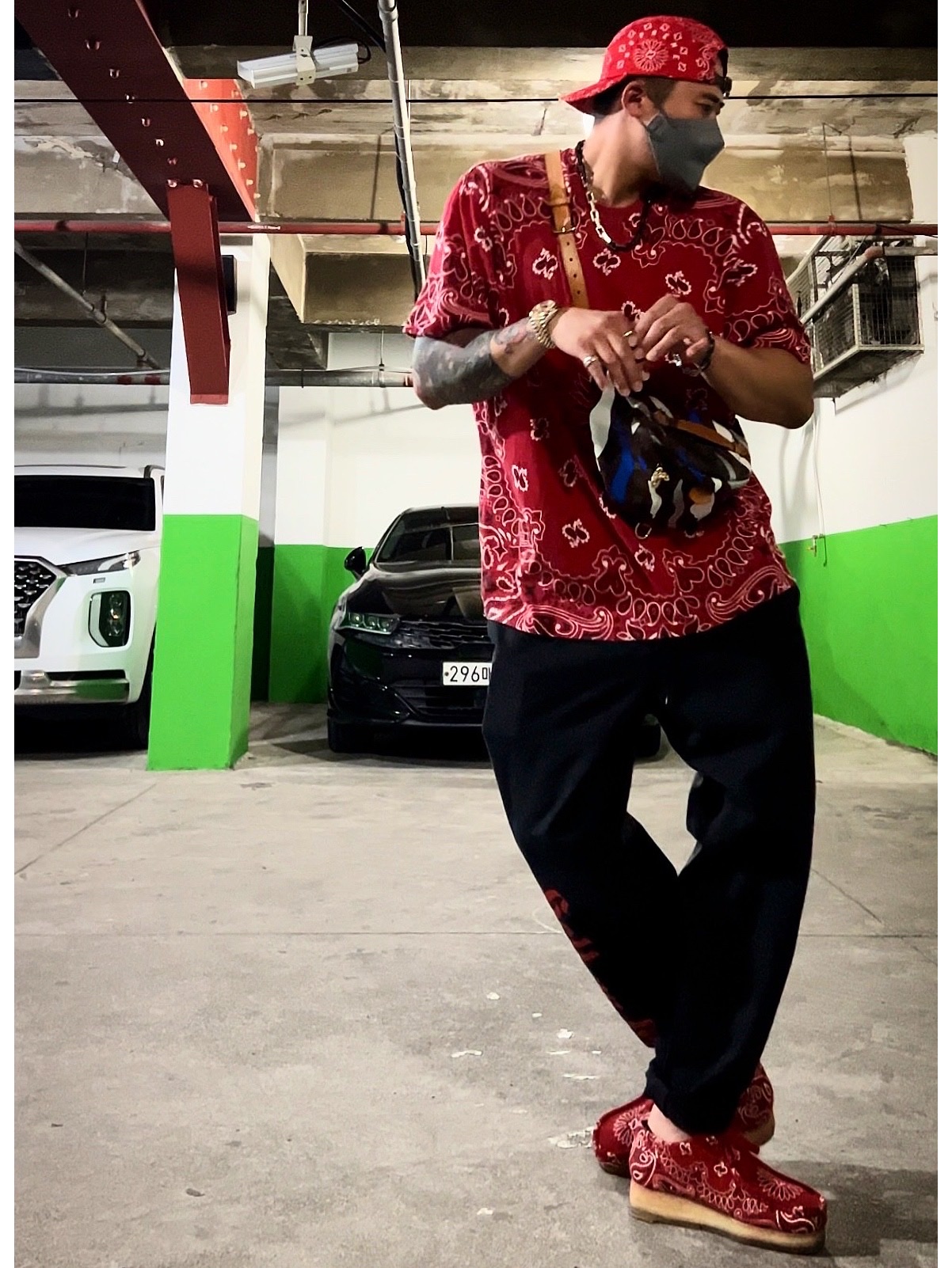 Supreme Bandana Camp Cap Red - 21SS, Supreme Small Box T-Shirt Red Bandana - 21SS 착용 스타일 - 4