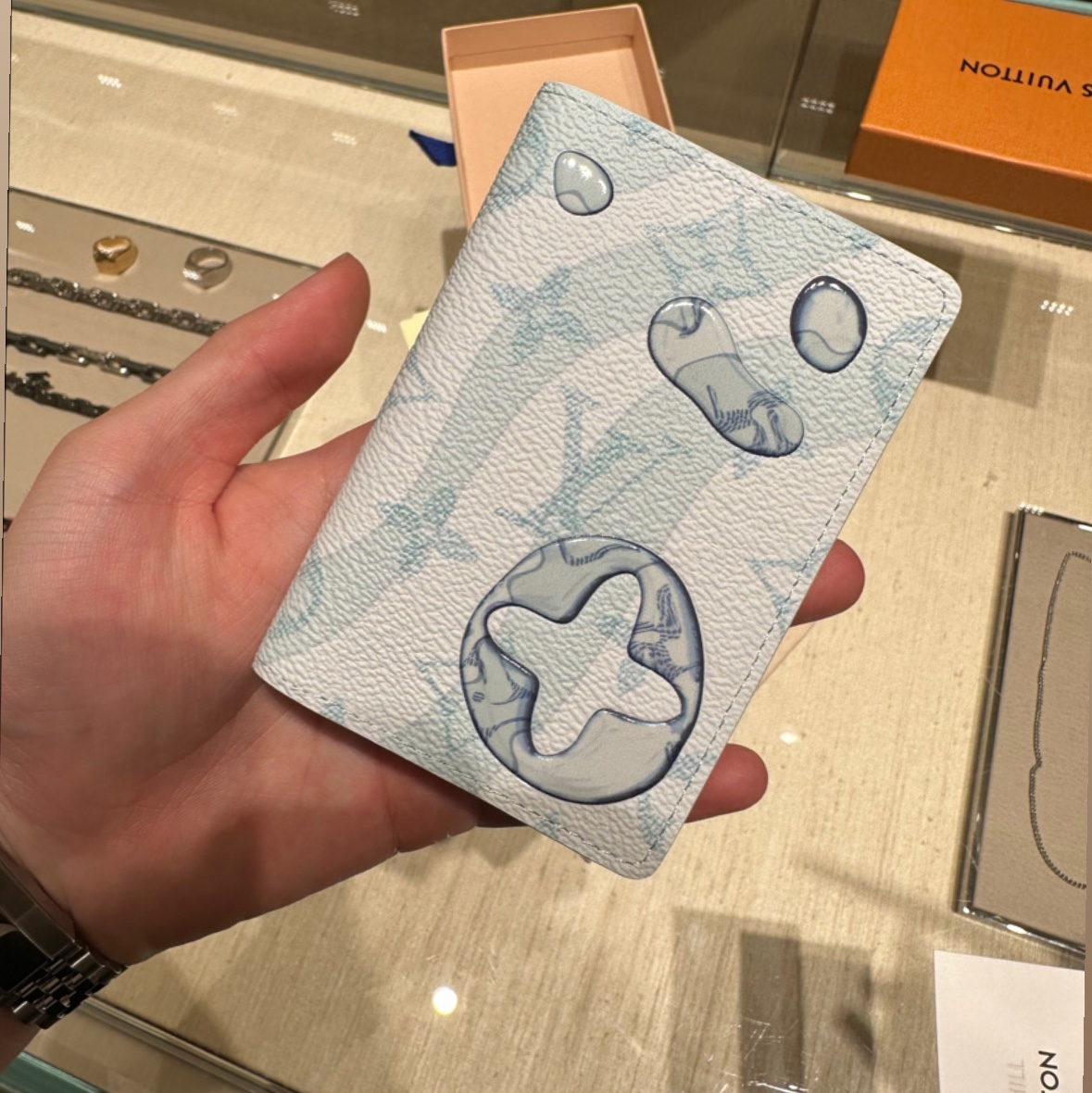 Louis Vuitton Pocket Organizer Monogram Aquagarden Crystal Blue 착용 스타일