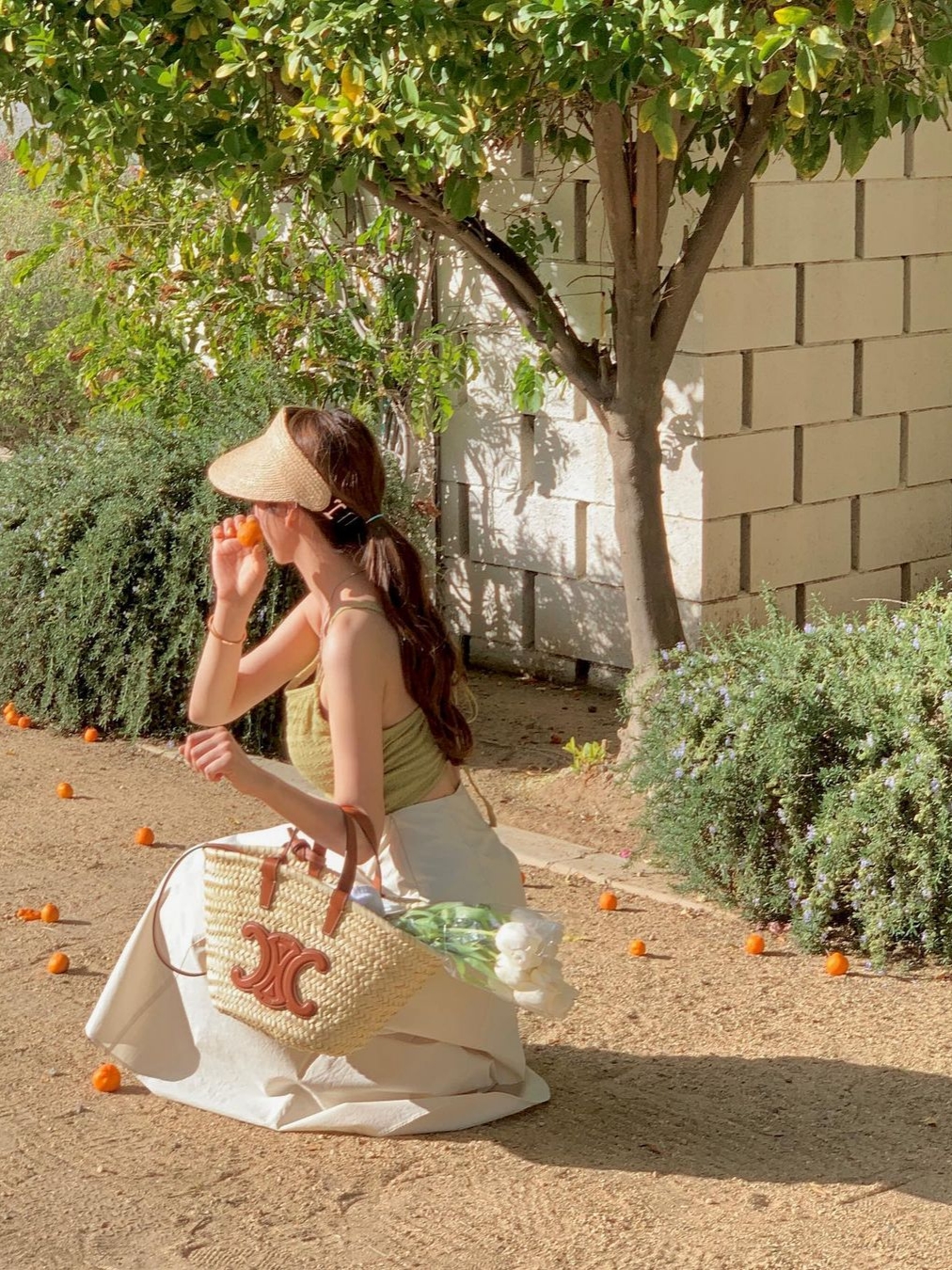 Celine Teen Triomphe Celine Classic Panier in Palm Leaves and Calfskin Tan 착용 스타일