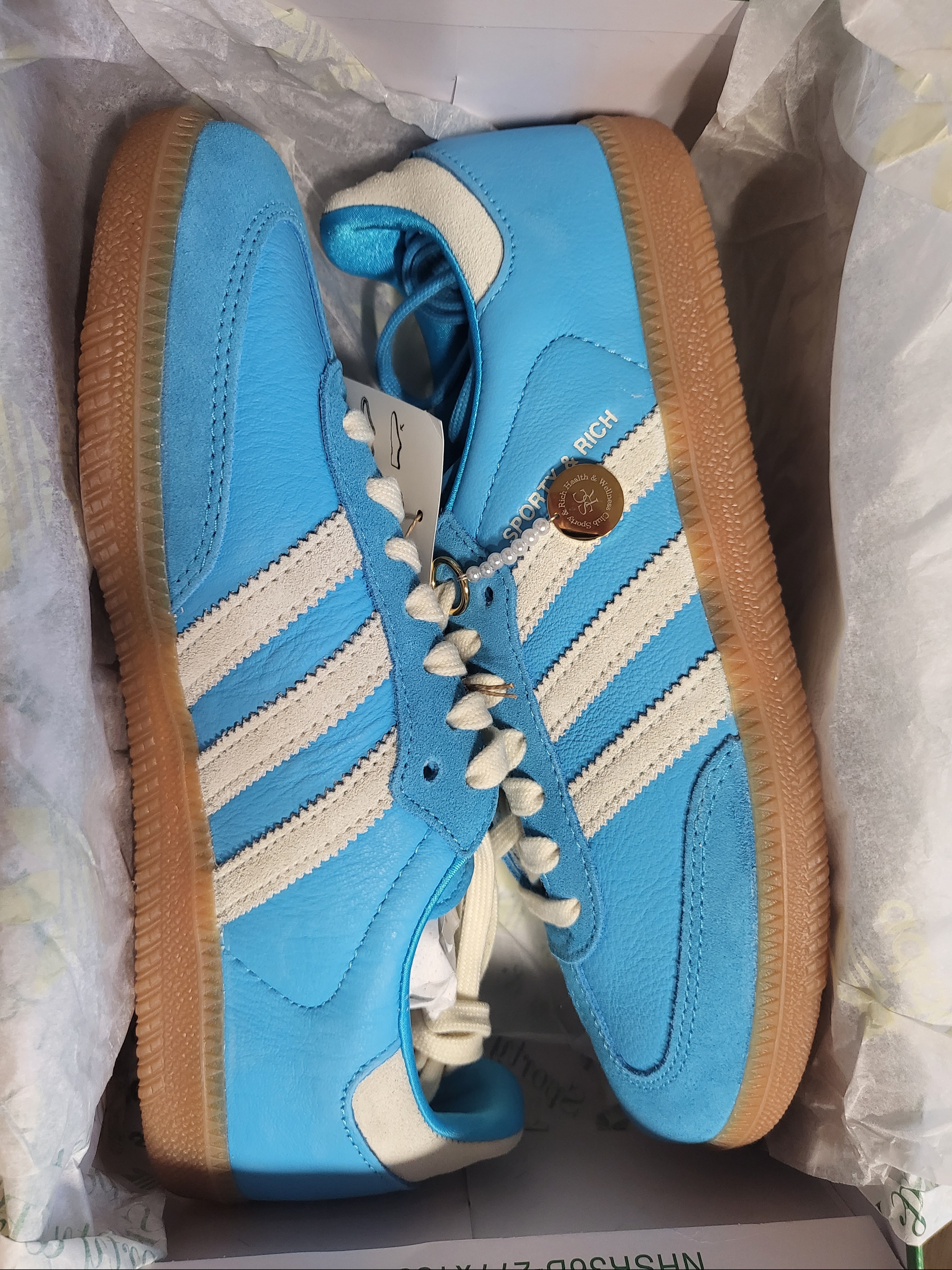 Adidas x Sporty & Rich Samba Blue Rush Cream White 착용 스타일