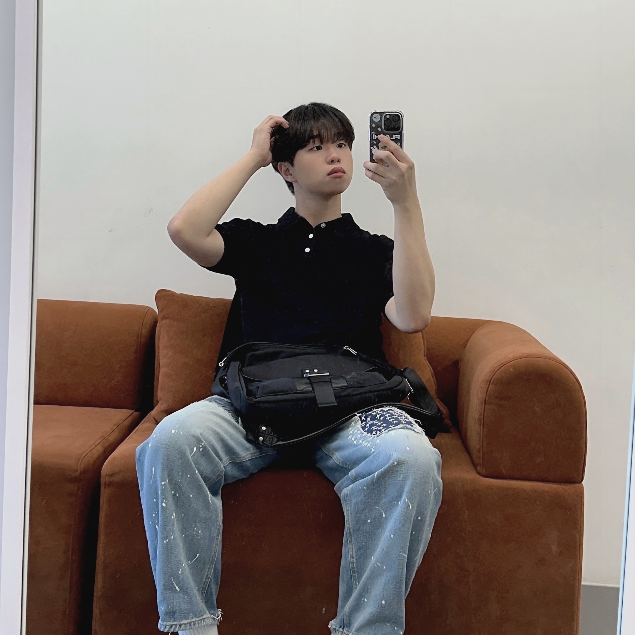 Zara x Ader Error Patchwork Jeans Blue, Jordan 1 Low Golf Wolf Grey 착용 스타일 - 1