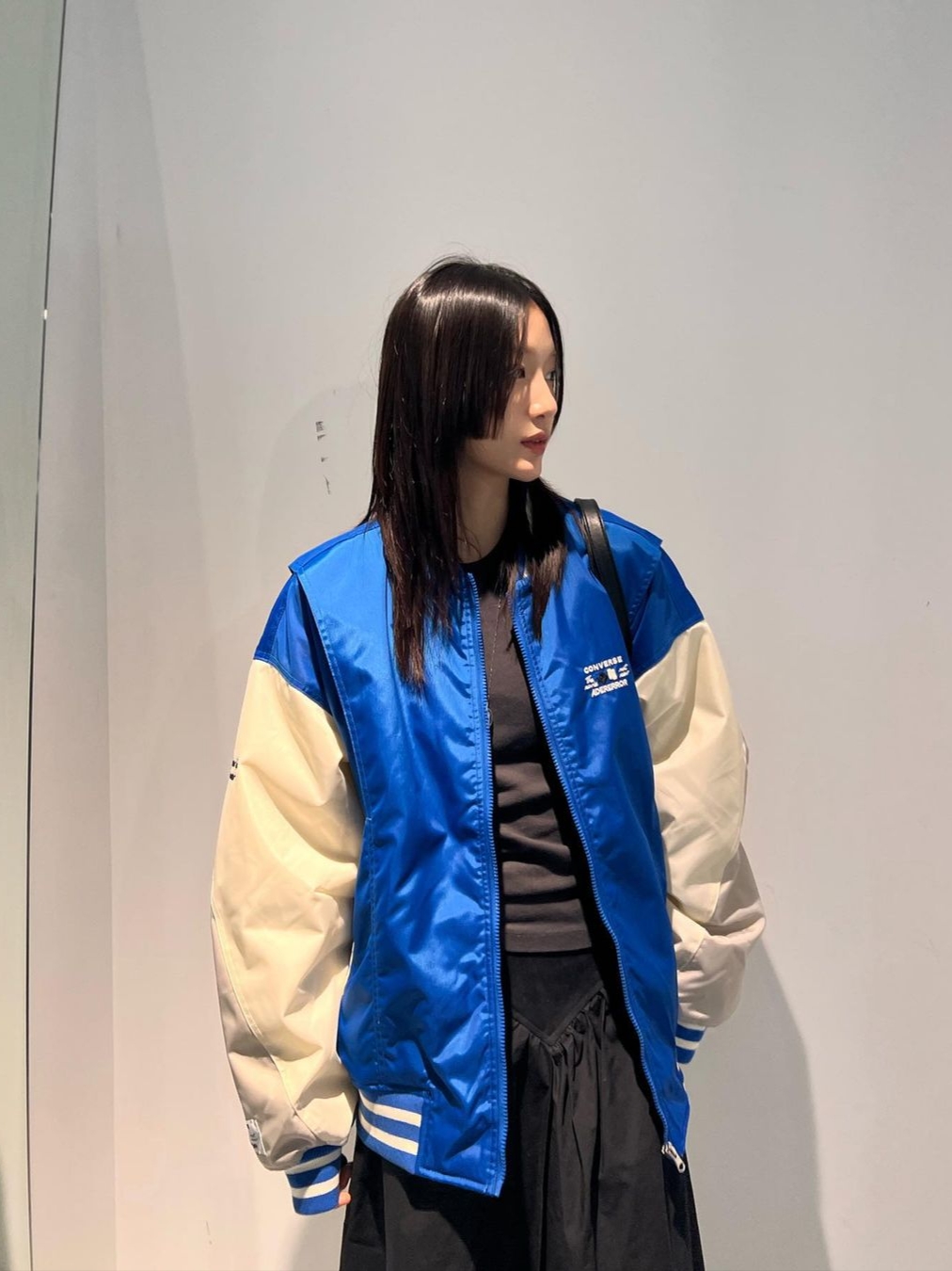 Converse x Ader Error Shapes Varsity Jacket Cobalt 착용 스타일