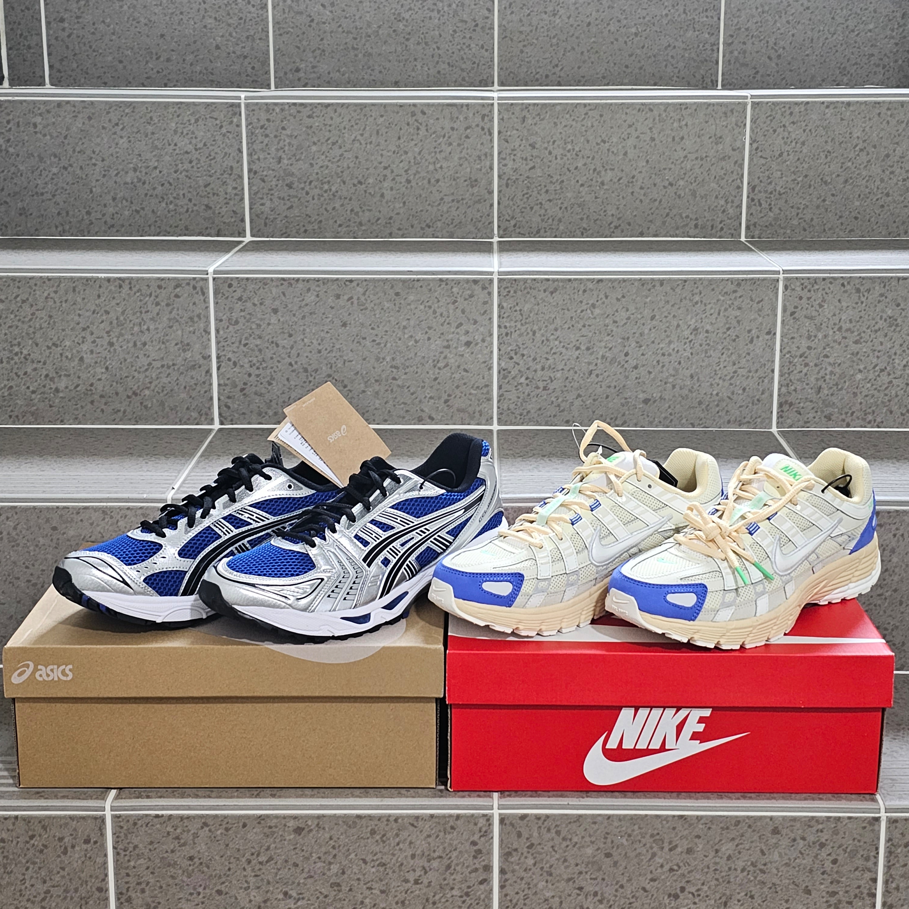 Nike P-6000 Coconut Milk Medium Blue, Asics Gel-Kayano 14 Monaco Blue Black 착용 스타일