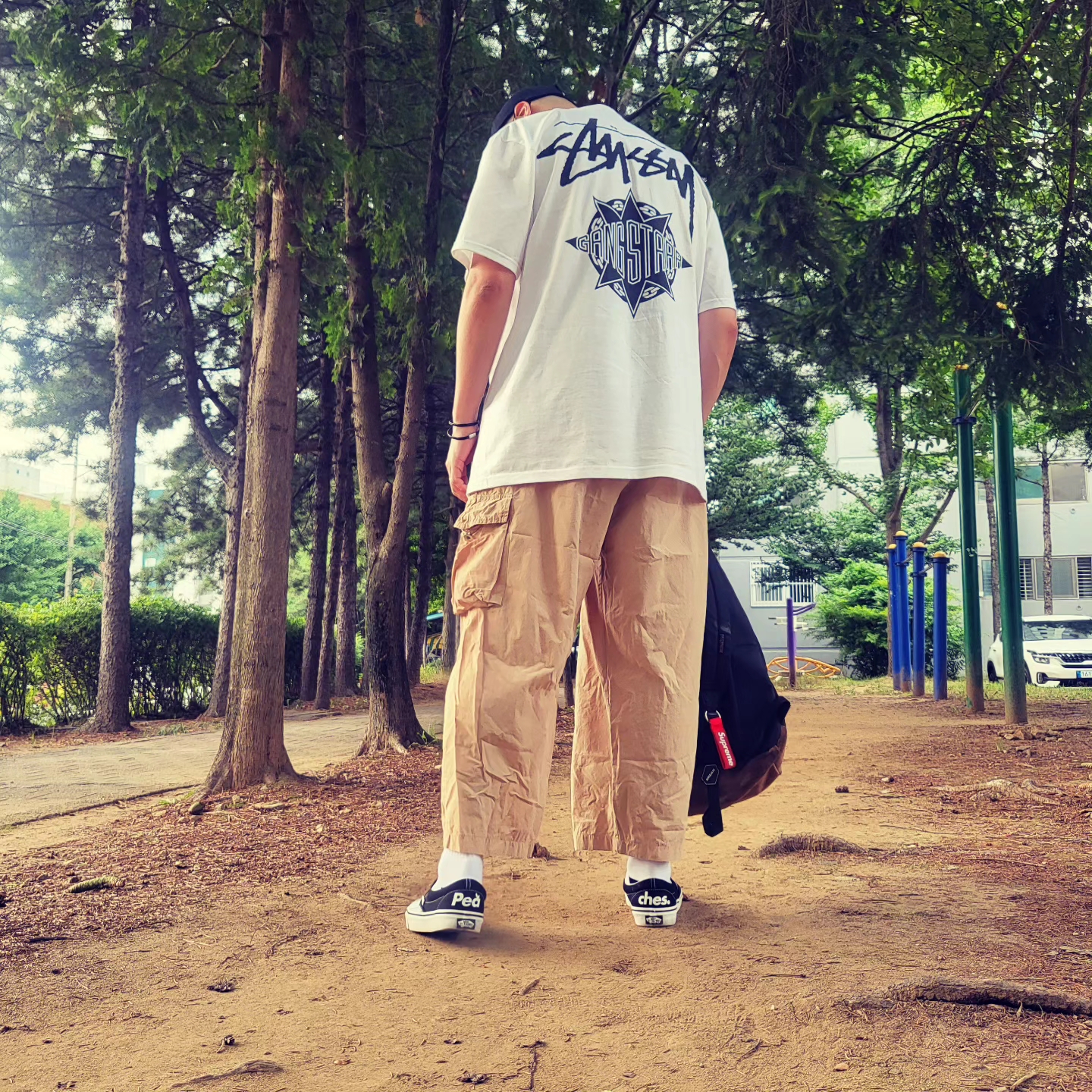 Stussy x Gang Starr Take It Personal T-Shirt White, Supreme Webbing Keychain Red - 23SS 착용 스타일 - 1
