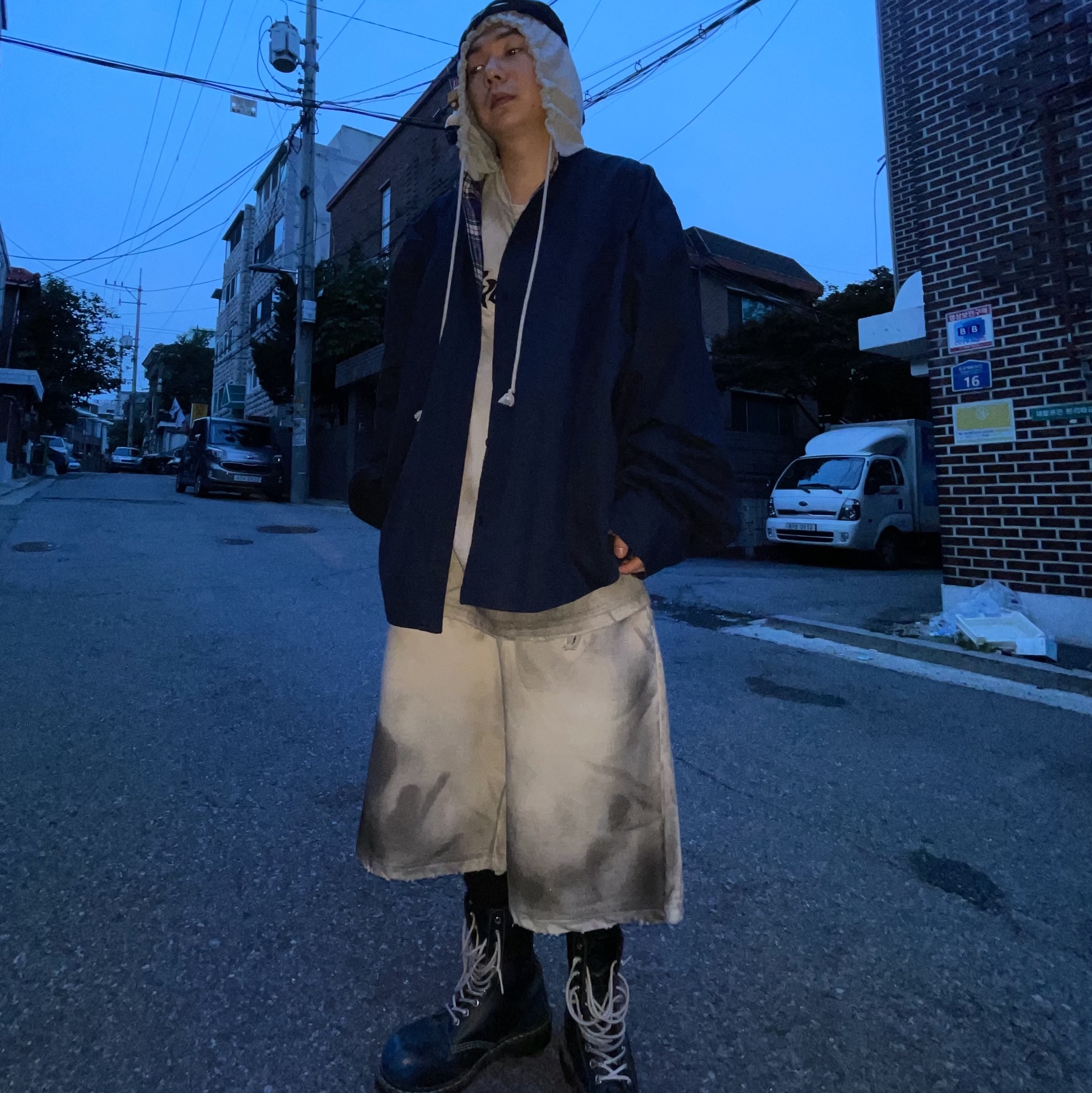 Project G/R Furious Logo Applique Shorts Grey - 10 Corso Como Exclusive, Project G/R Reversible Hoodie Check Shirts Navy 착용 스타일 - 4