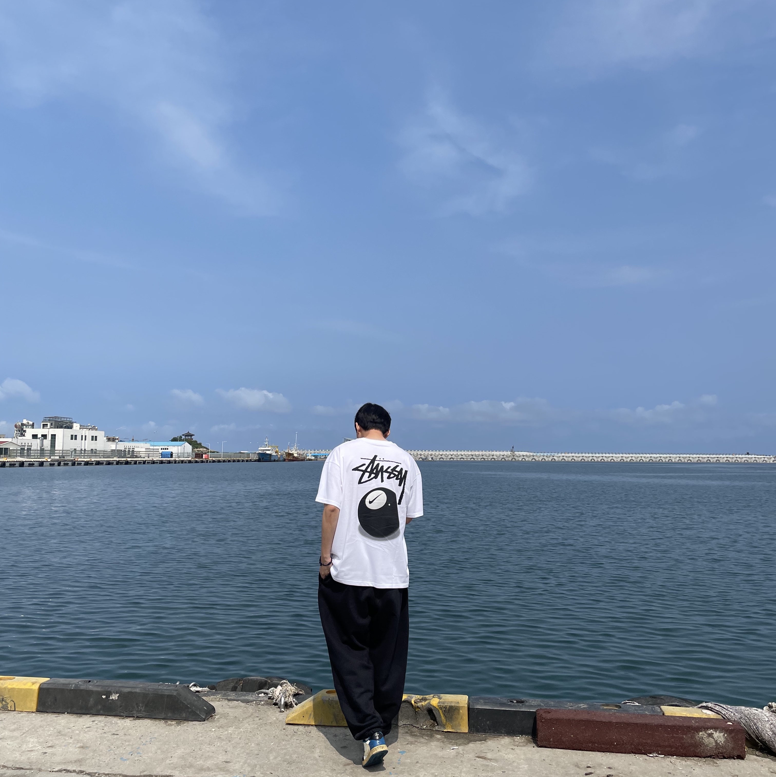 Nike x Stussy NRG FL SS 8 Ball T-Shirt White (DO9322-100), Nike x Stussy NRG RA Washed Fleece Pants Black (DN4030-010) 착용 스타일