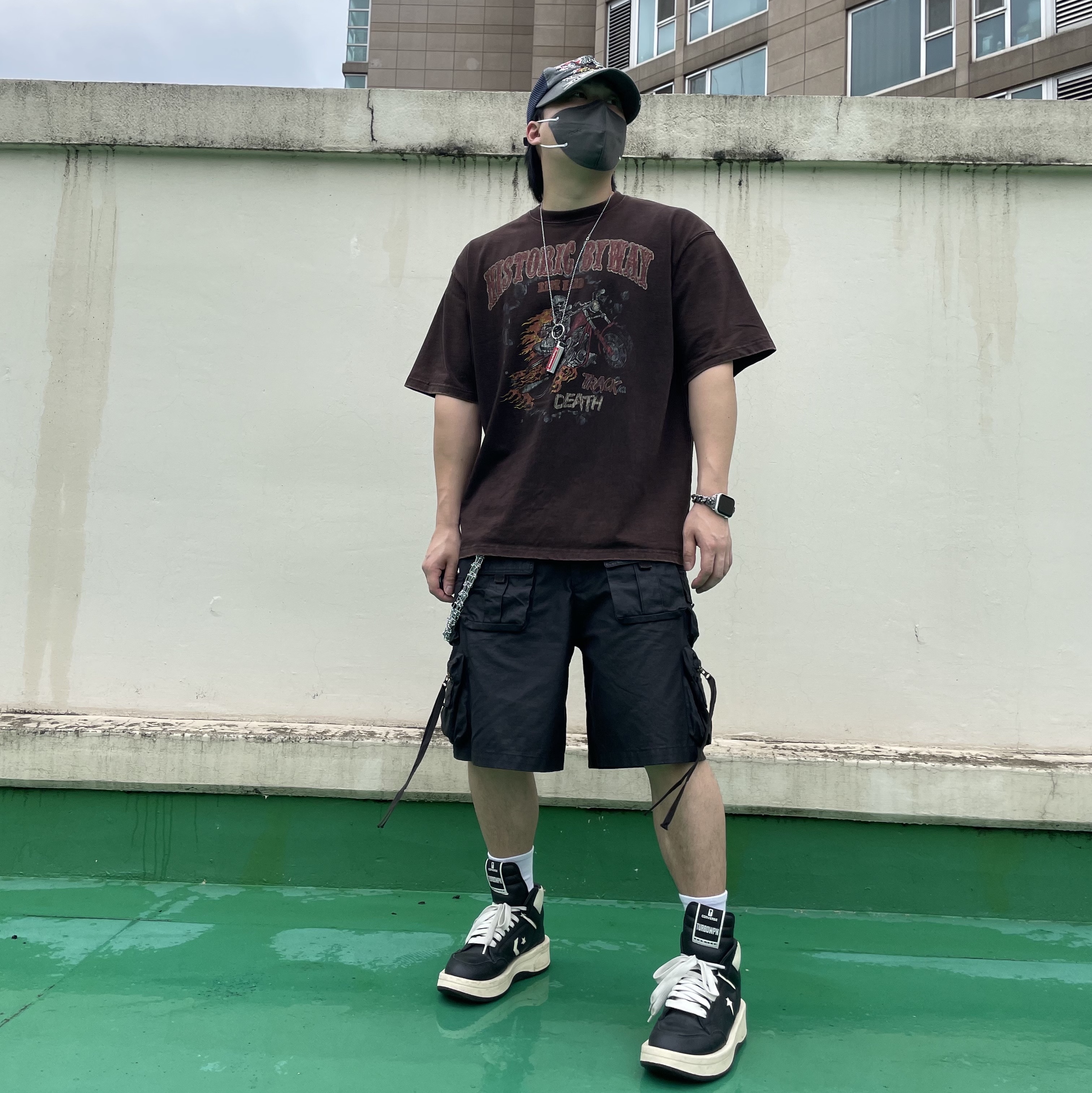 Undermycar Skal Multi Cargo Vintage Shorts Wren - 23SS, Converse x Drkshdw Turbowpn Black Cream 착용 스타일 - 1