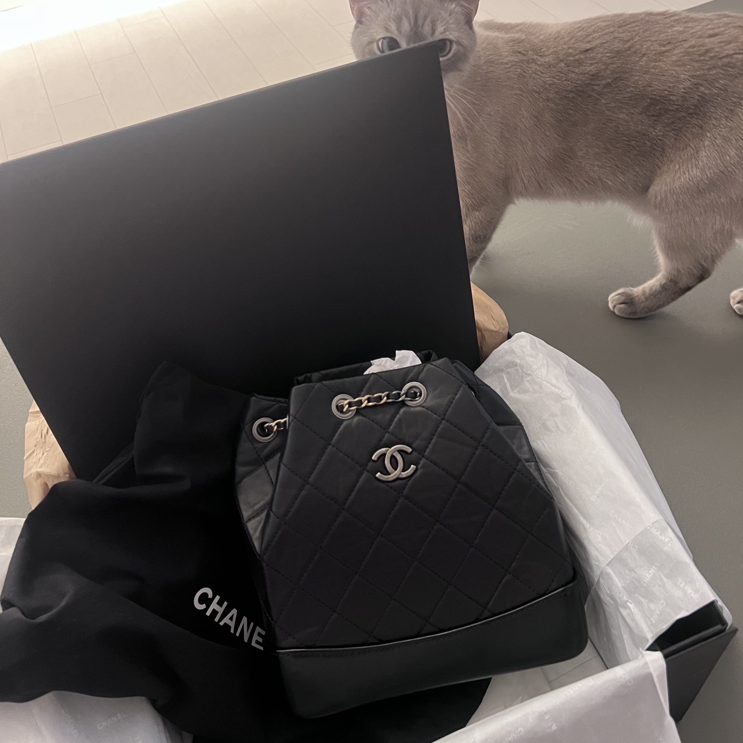 Chanel Small Gabrielle Backpack Aged Calfskin & Gold Silver Black 착용 스타일