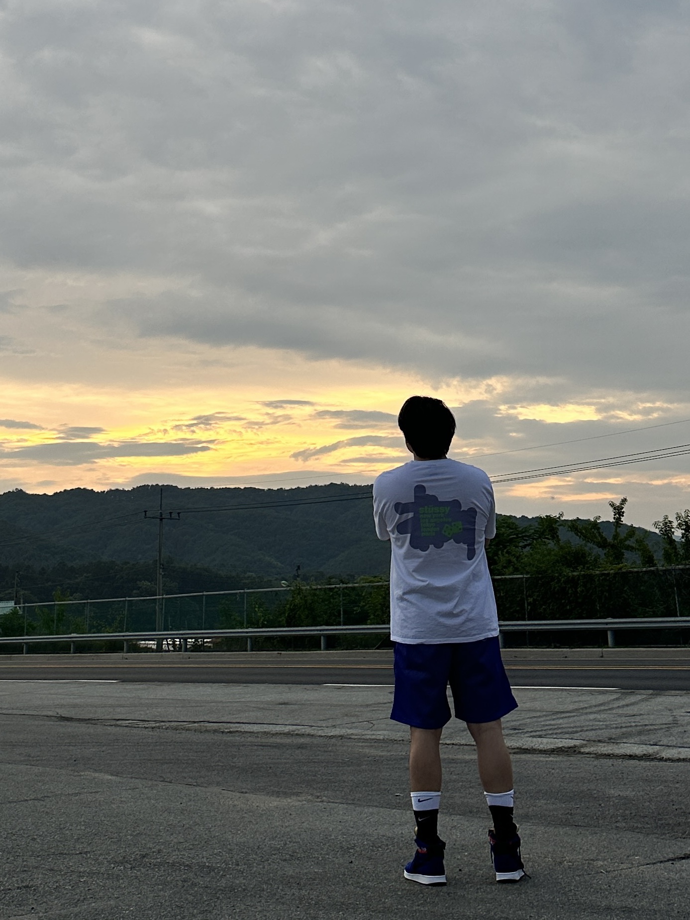 Stussy Silhouette T-Shirt White, Stussy Arch Mesh Shorts Purple 착용 스타일 - 2