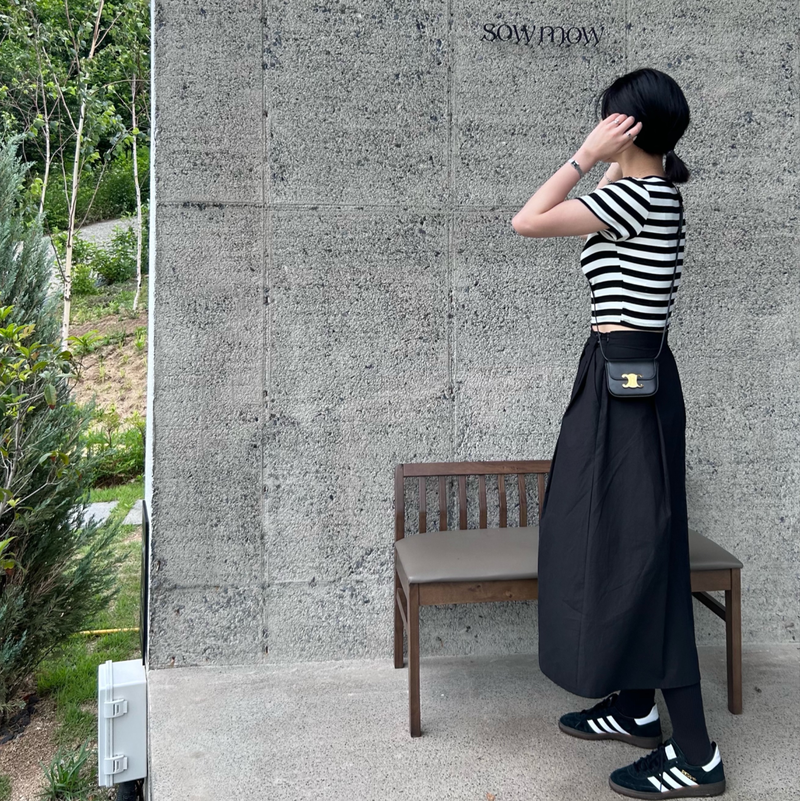 Adidas Spezial Handball Core Black, Celine Mini Claude in Shiny Calfskin Black 착용 스타일