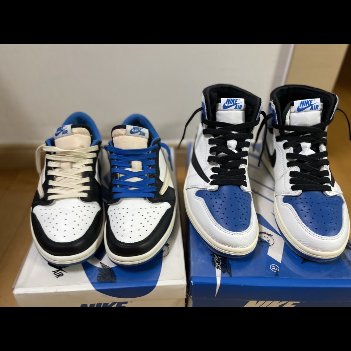 Jordan 1 x Travis Scott x Fragment Retro High OG SP Military Blue, Jordan 1 x Travis Scott x Fragment Retro Low OG SP Military Blue 착용 스타일 - 4