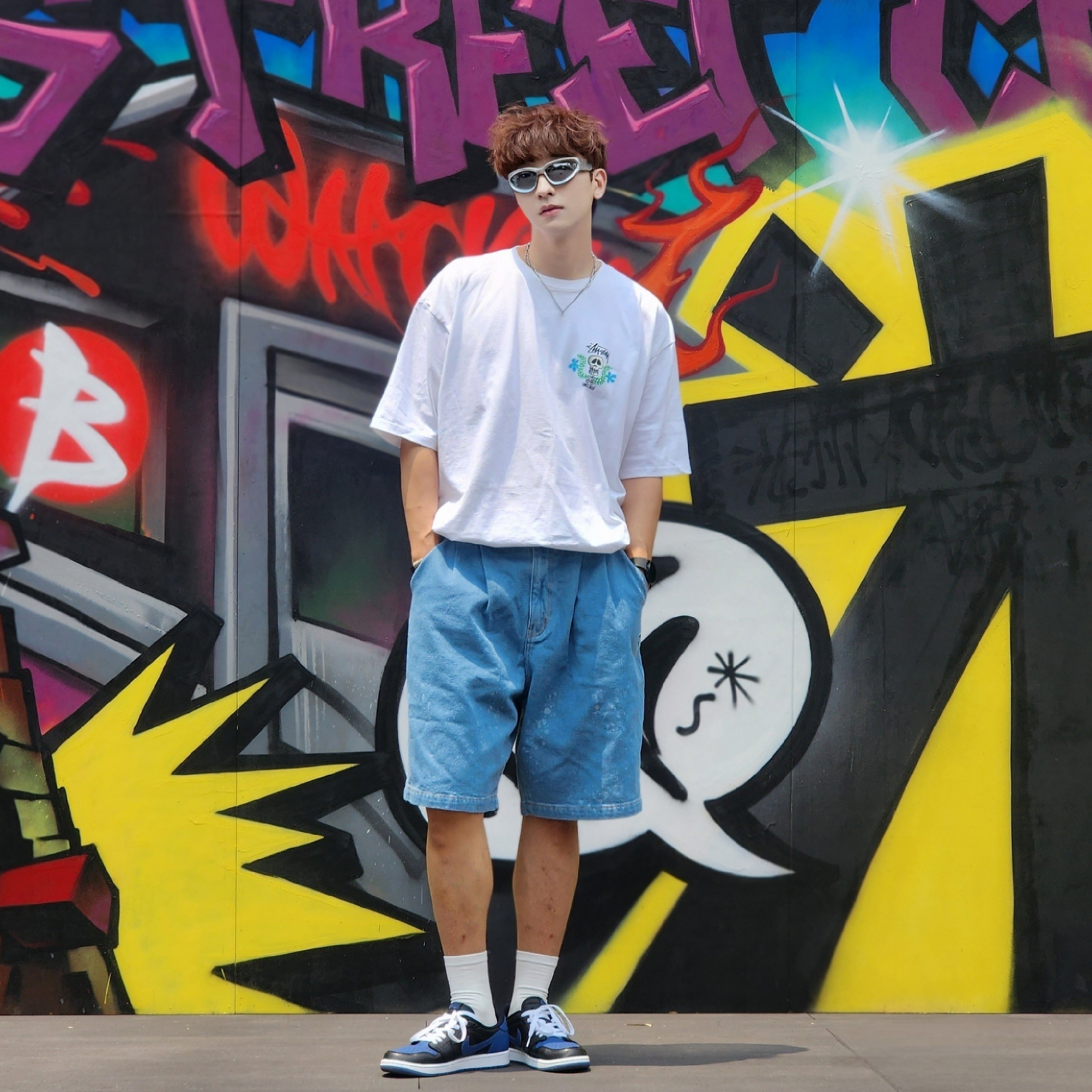 Stussy Skull Crest T-Shirt White, Jordan 1 Retro Low OG Mystic Navy 착용 스타일 - 1