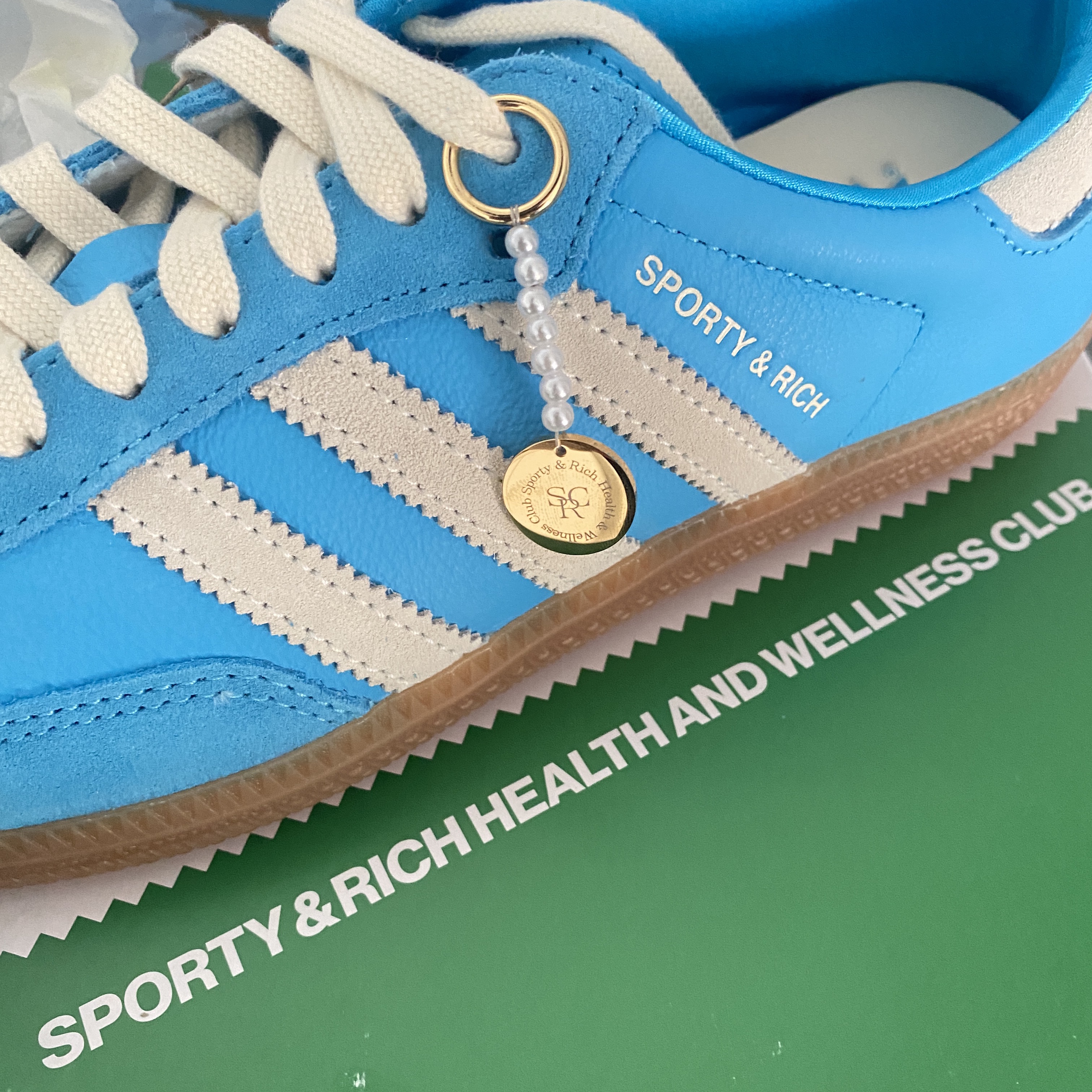 Adidas x Sporty & Rich Samba Blue Rush Cream White 착용 스타일