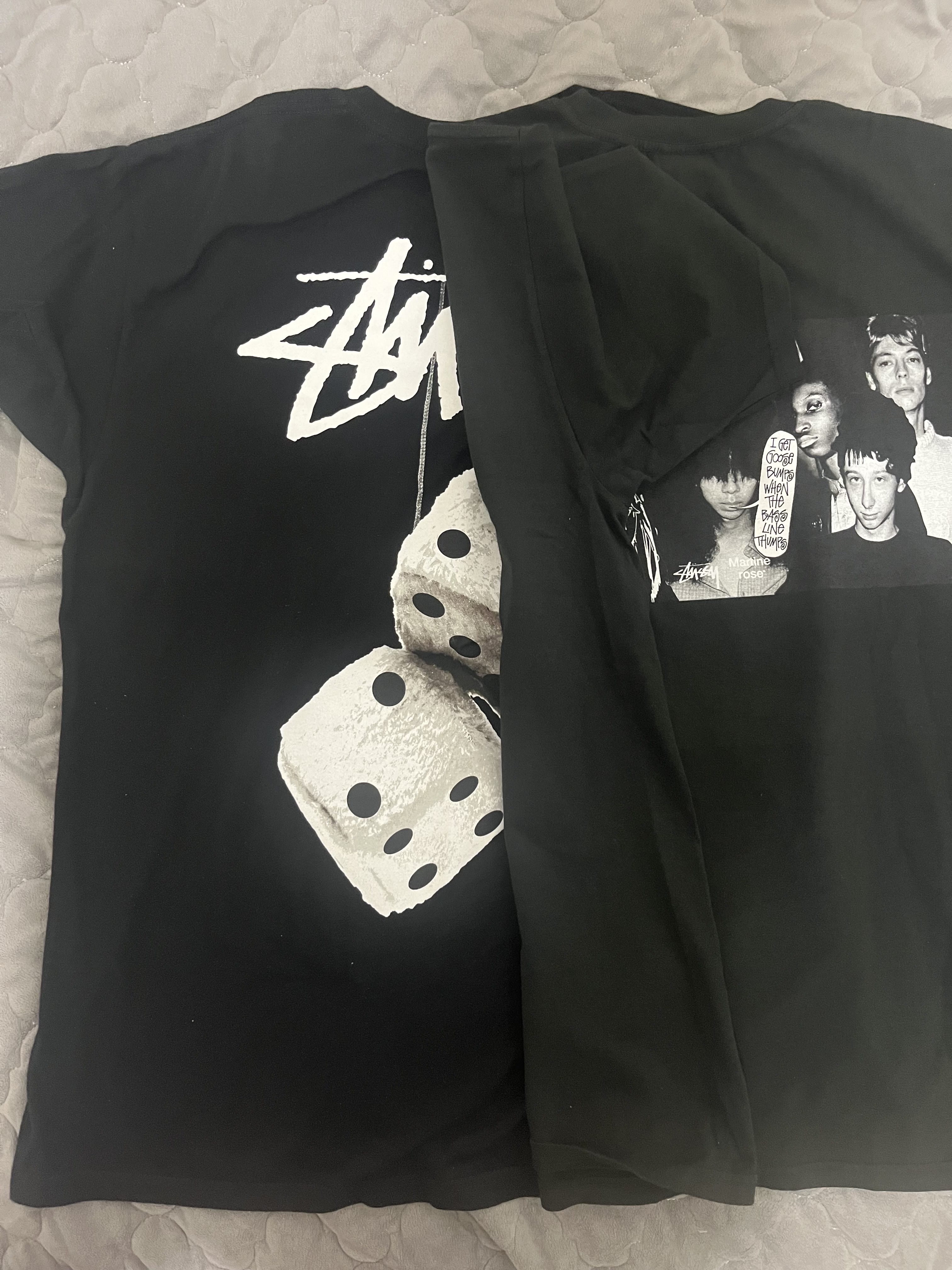 Stussy x Martine Rose Collage Pigment Dyed T-Shirt Black, Stussy Fuzzy Dice T-Shirt Black 착용 스타일