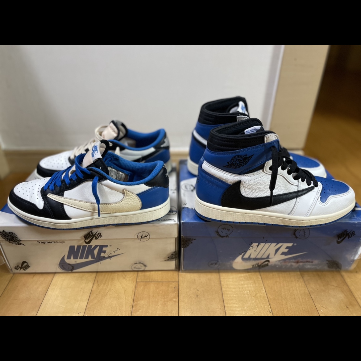 Jordan 1 x Travis Scott x Fragment Retro High OG SP Military Blue, Jordan 1 x Travis Scott x Fragment Retro Low OG SP Military Blue 착용 스타일 - 3