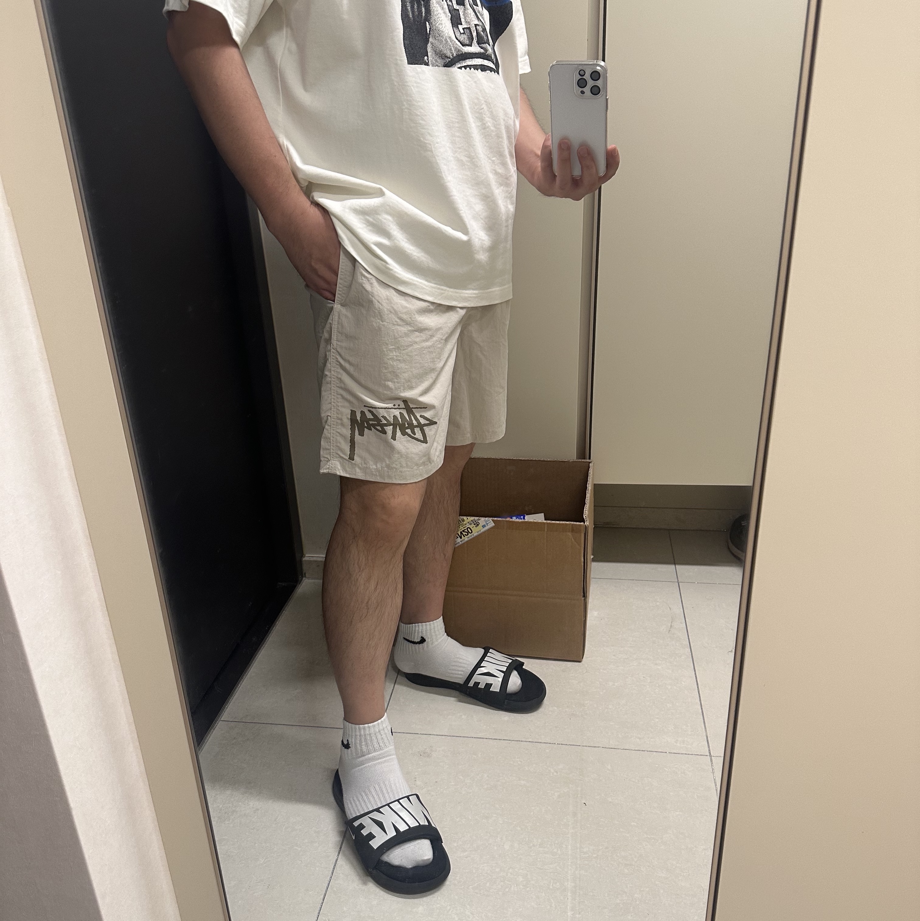 Stussy x Our Legacy Work Shop Water Shorts Taupe, Jordan x Travis Scott x Fragment T-Shirt Sail (DJ0619-133) 착용 스타일 - 1