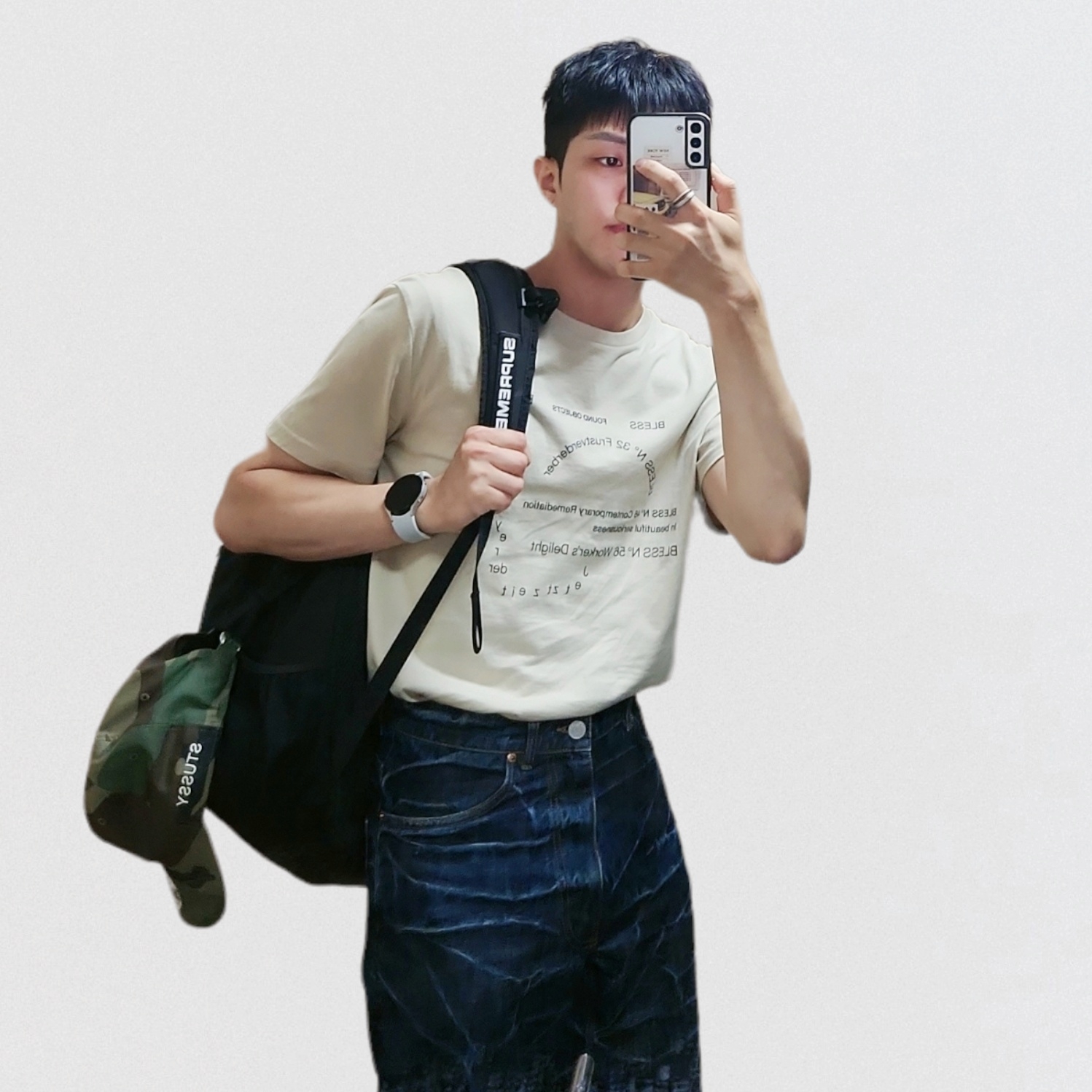 Stussy SS Link 9Twenty Cap Woodland Camo, Supreme Backpack Black - 22FW 착용 스타일