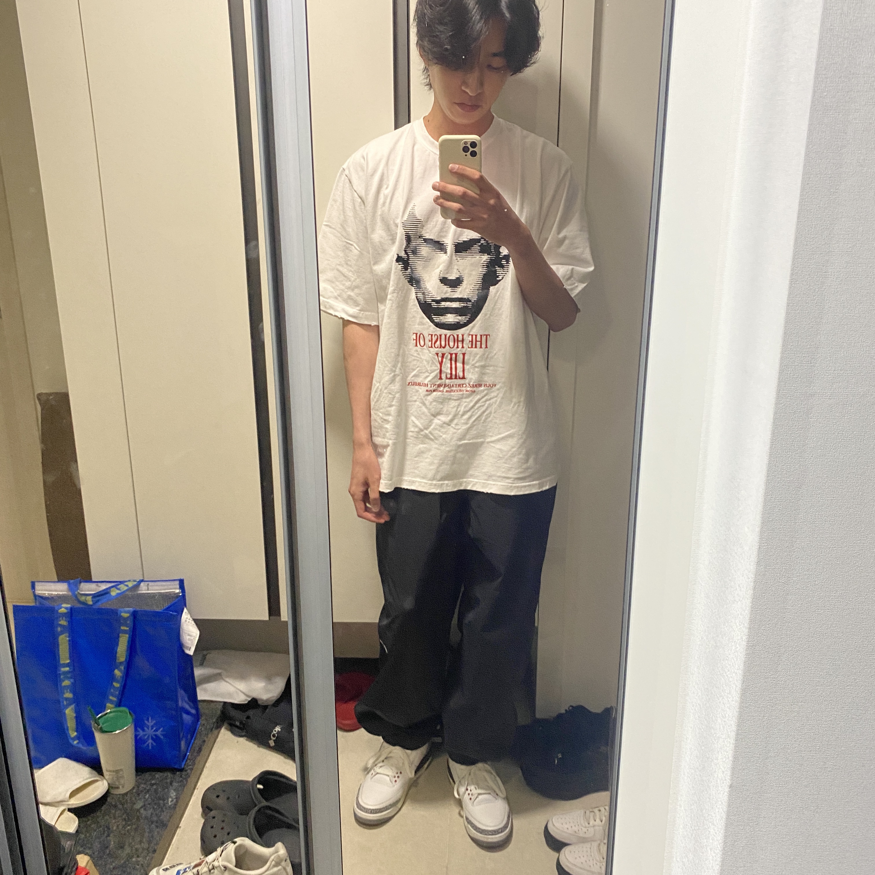 Undermycar House of Lily Graphic T-Shirt White - 23SS, Undermycar Mu.07 Anti Fxxking Logo Play Nylon Balloon Pants Black 착용 스타일