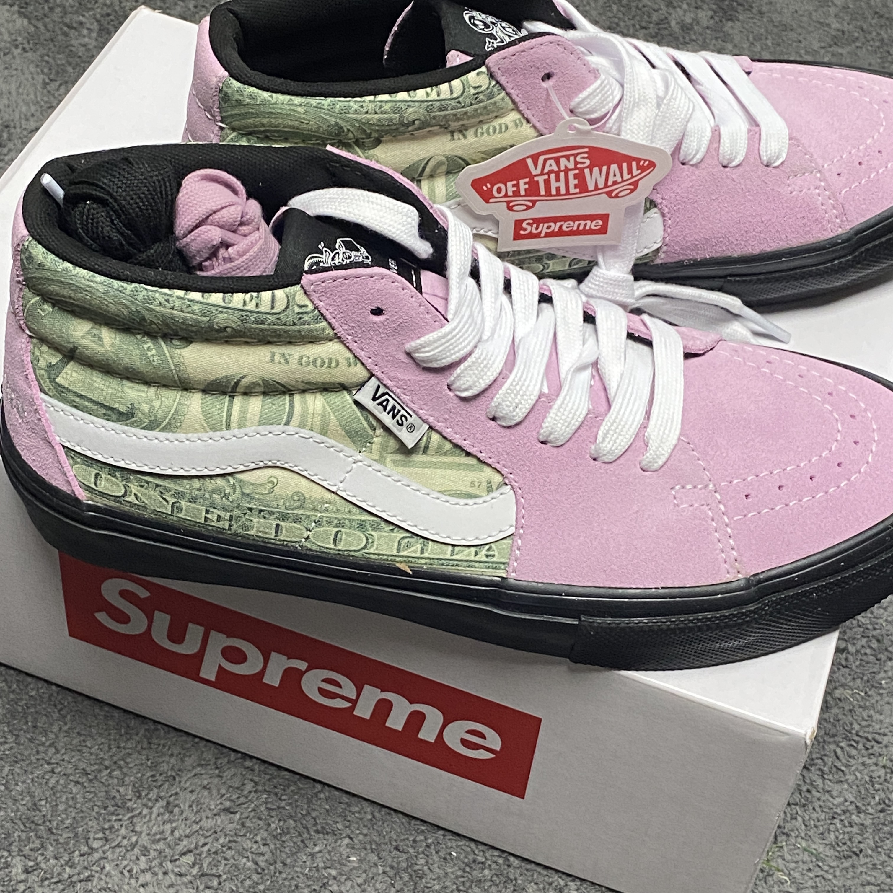 Vans x Supreme Skate Grosso Mid Dollar Pink, Kapital 14 oz. Denim 5P Monkey Cisco Gemstone Pants Black 착용 스타일 - 2