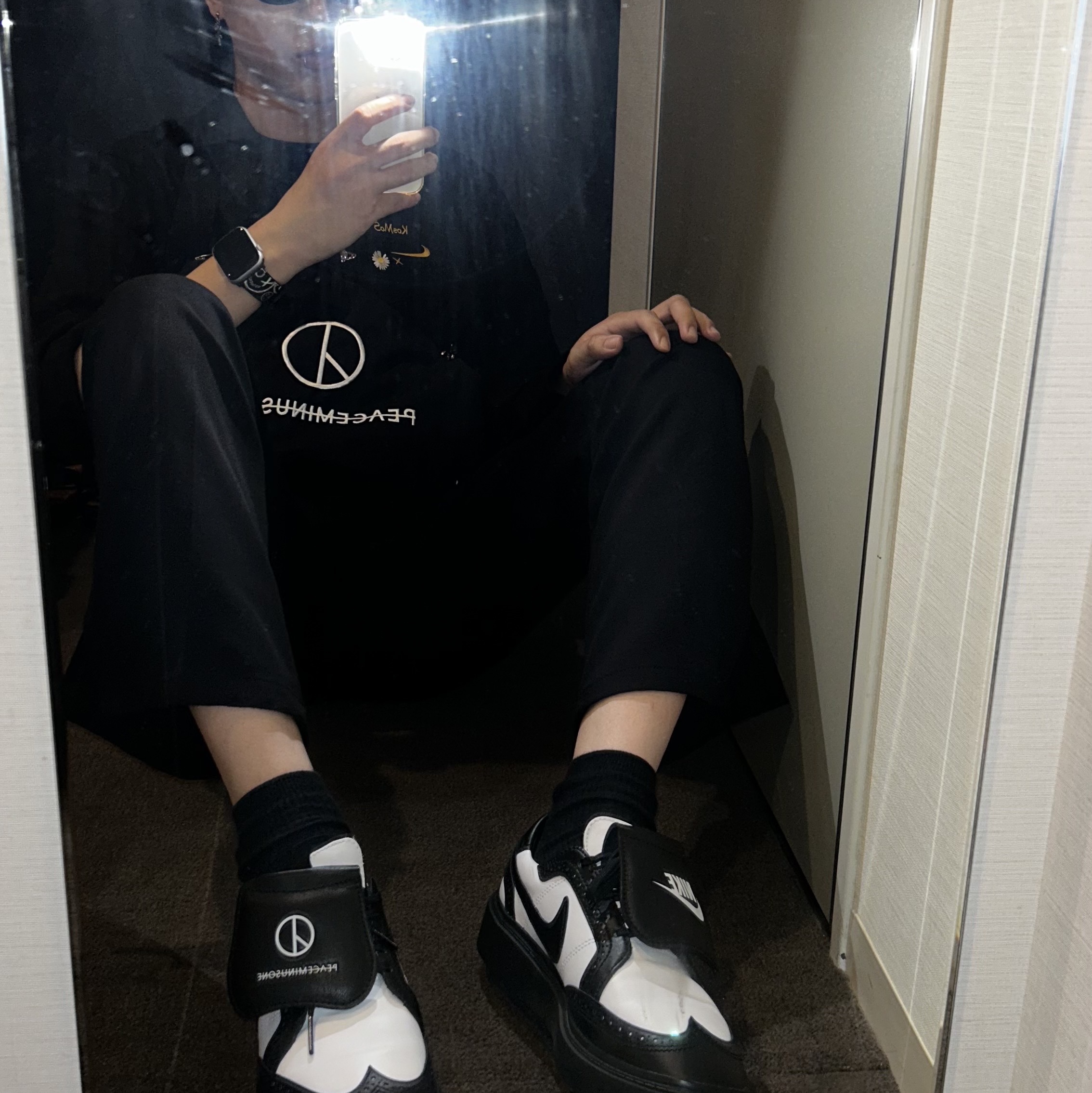 Nike x Peaceminusone Kwondo1 Black and White, Nike x Peaceminusone Wide Pants Black (DR0096-010) 착용 스타일