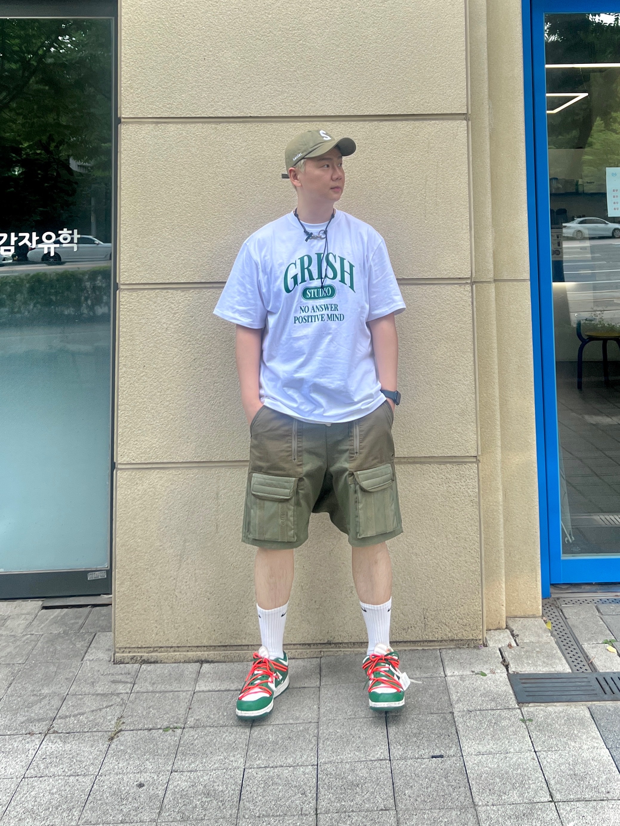 Nike x Off-White Dunk Low Pine Green, Supreme Kevlar Denim S Logo 6-Panel Olive - 22SS 착용 스타일 - 4