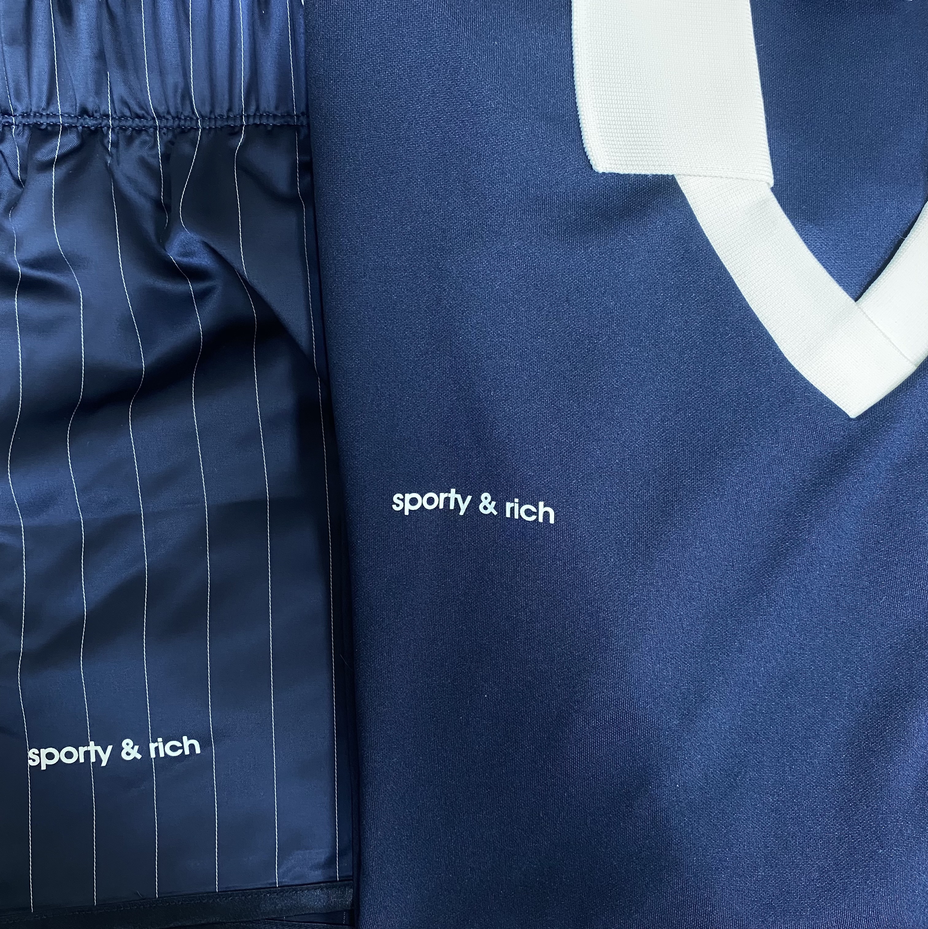 (W) Adidas x Sporty & Rich Long Sleeve Football Jersey Legend Ink - US Sizing, (W) Adidas x Sporty & Rich Shorts Legend Ink - KR Sizing 착용 스타일