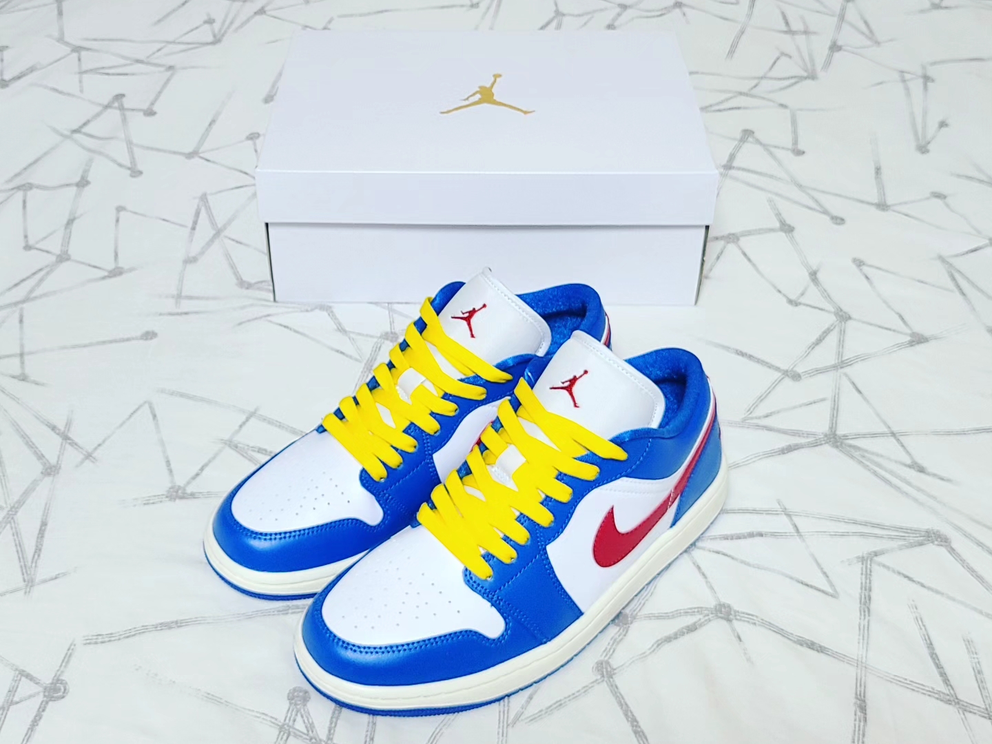 (W) Jordan 1 Low Sport Blue Gym Red 착용 스타일 - 1