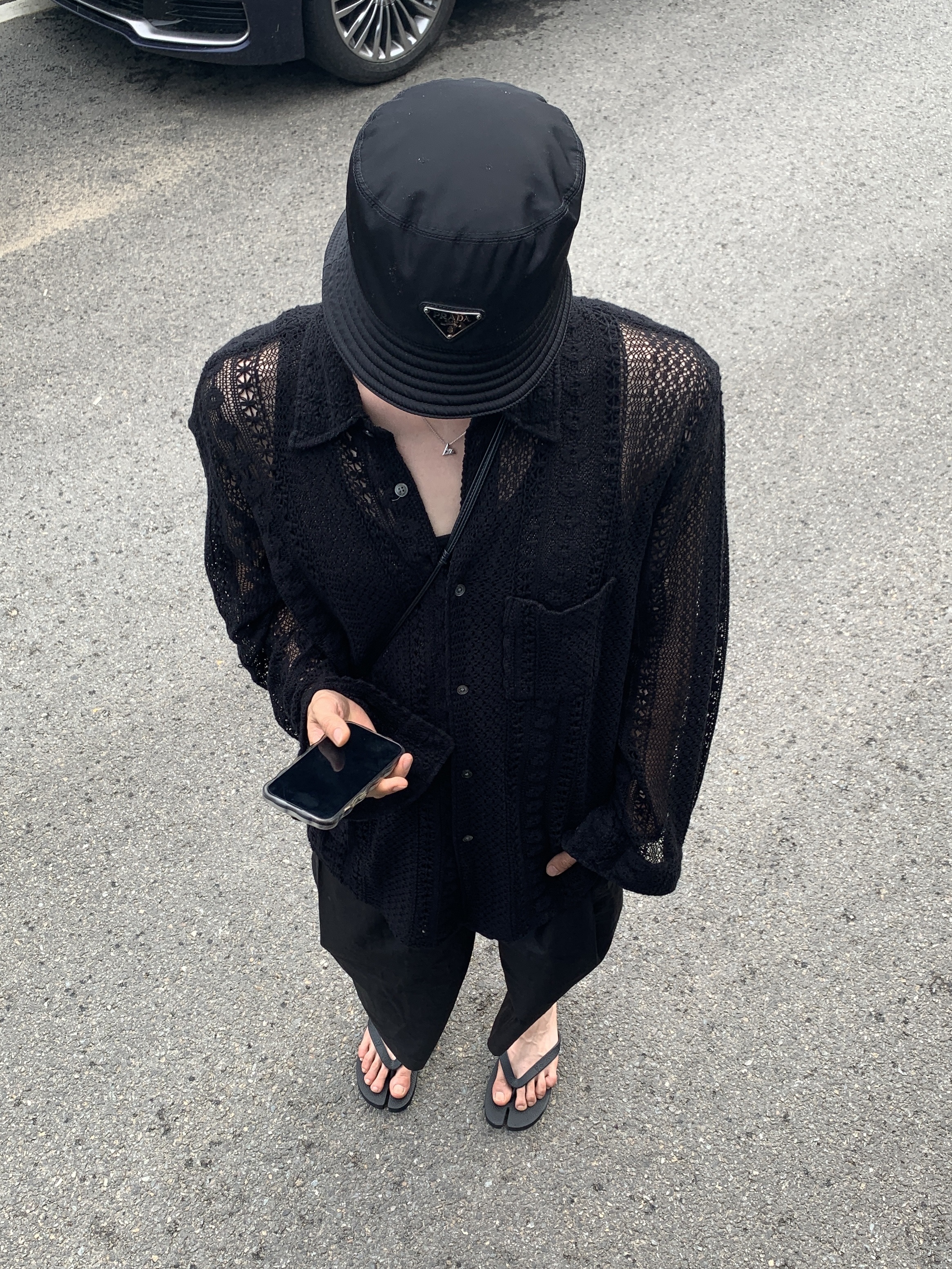 Prada Re-Nylon Bucket Hat Black, Our Legacy Coco Shirt Black Cotton Crochet 착용 스타일 - 4