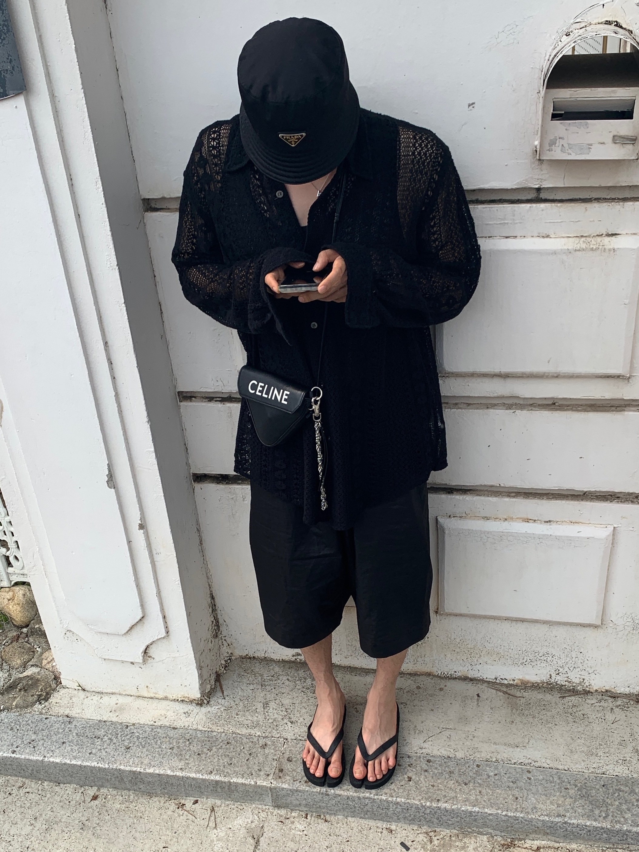 Prada Re-Nylon Bucket Hat Black, Our Legacy Coco Shirt Black Cotton Crochet 착용 스타일 - 1