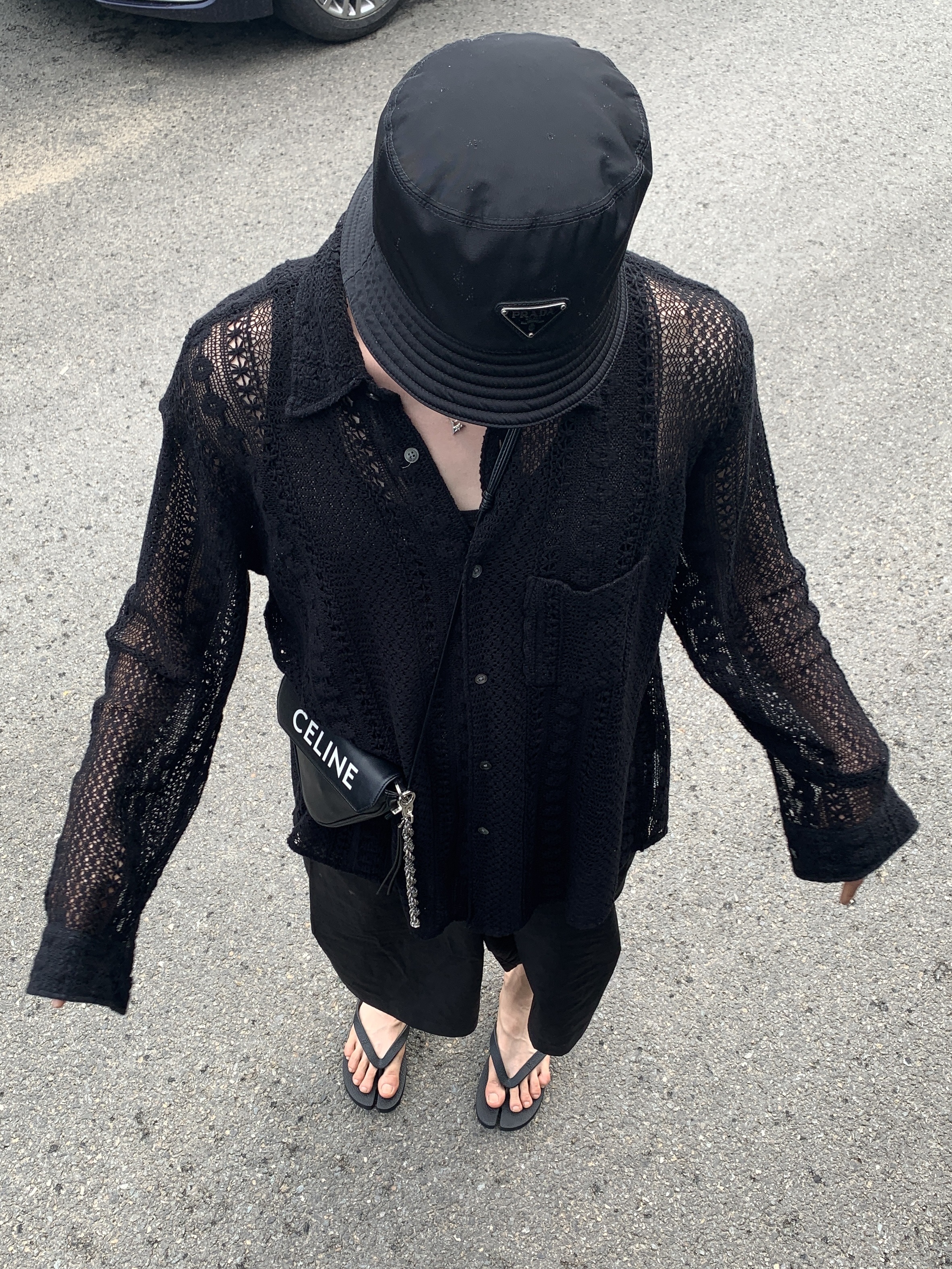 Prada Re-Nylon Bucket Hat Black, Our Legacy Coco Shirt Black Cotton Crochet 착용 스타일 - 3