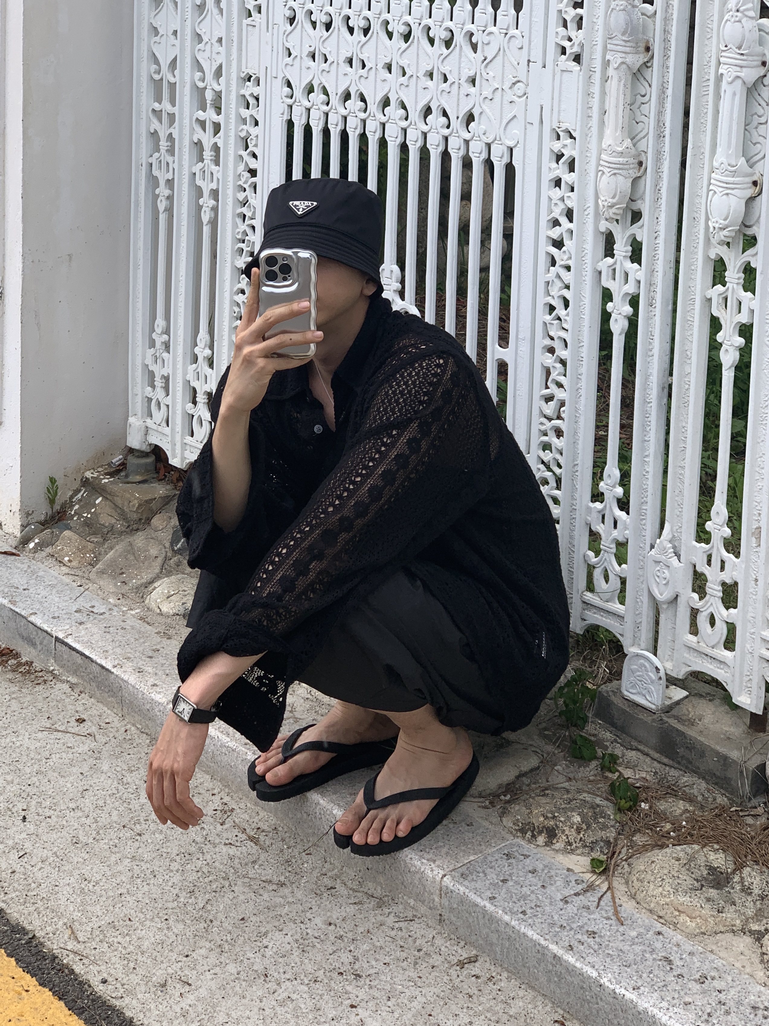 Prada Re-Nylon Bucket Hat Black, Our Legacy Coco Shirt Black Cotton Crochet 착용 스타일 - 2