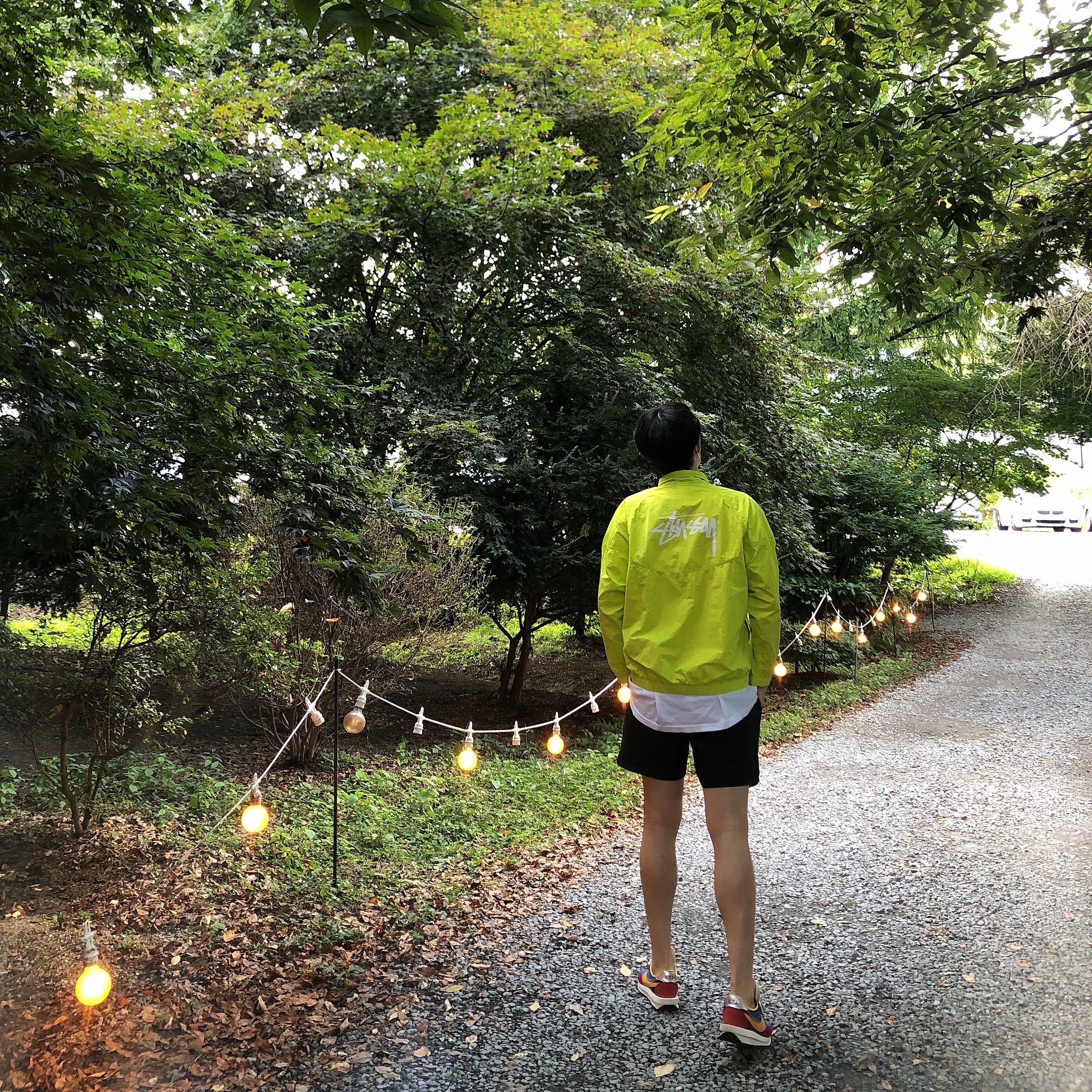 Nike x Stussy Windrunner Jacket Bright Cactus, Nike x Sacai LDWaffle Blue Multi 착용 스타일