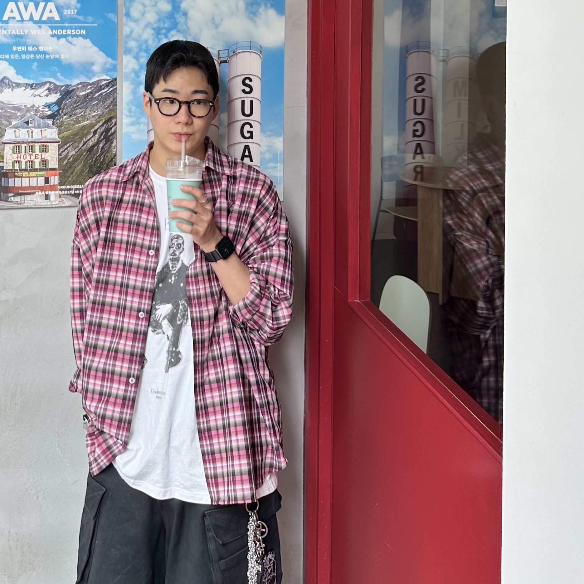 Nonnod Flexible String Check Shirts Pink, Project G/R Oversized Convertible Cargo Pants Coated Black 착용 스타일 - 2