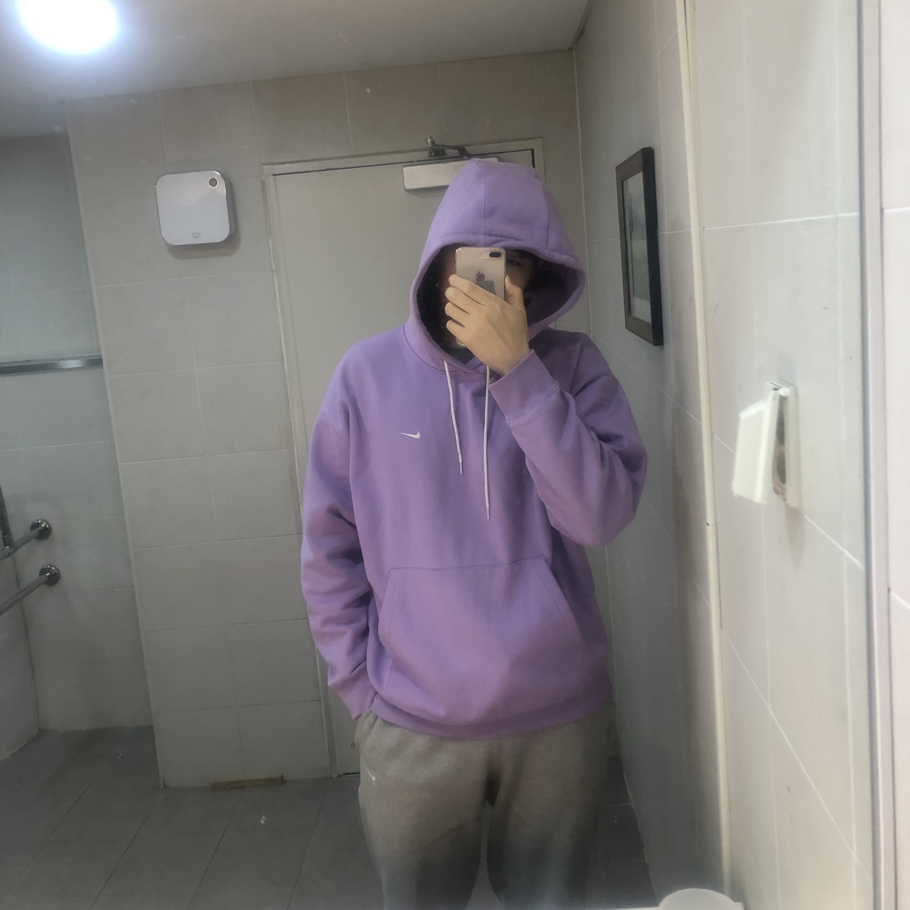 Nike NRG Solo Swoosh Fleece Hoodie Urban Lilac - US/EU, Nike NRG Solo Swoosh Fleece Pants Dark Grey Heather - US/EU 착용 스타일