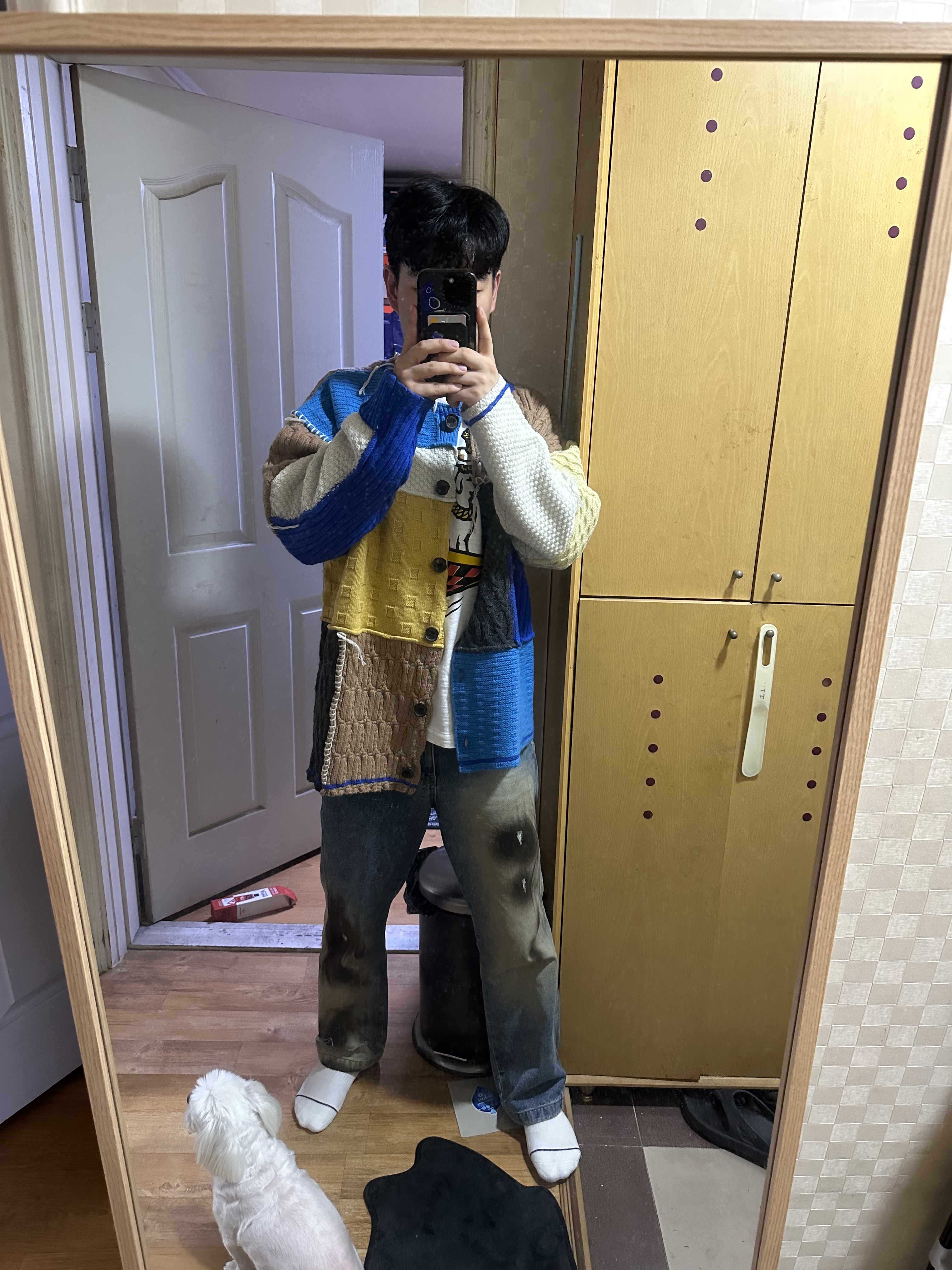 Zara x Ader Error Patchwork Oversize Knit Cardigan Multicolor, Ader Error Fendig Jeans Blue 착용 스타일