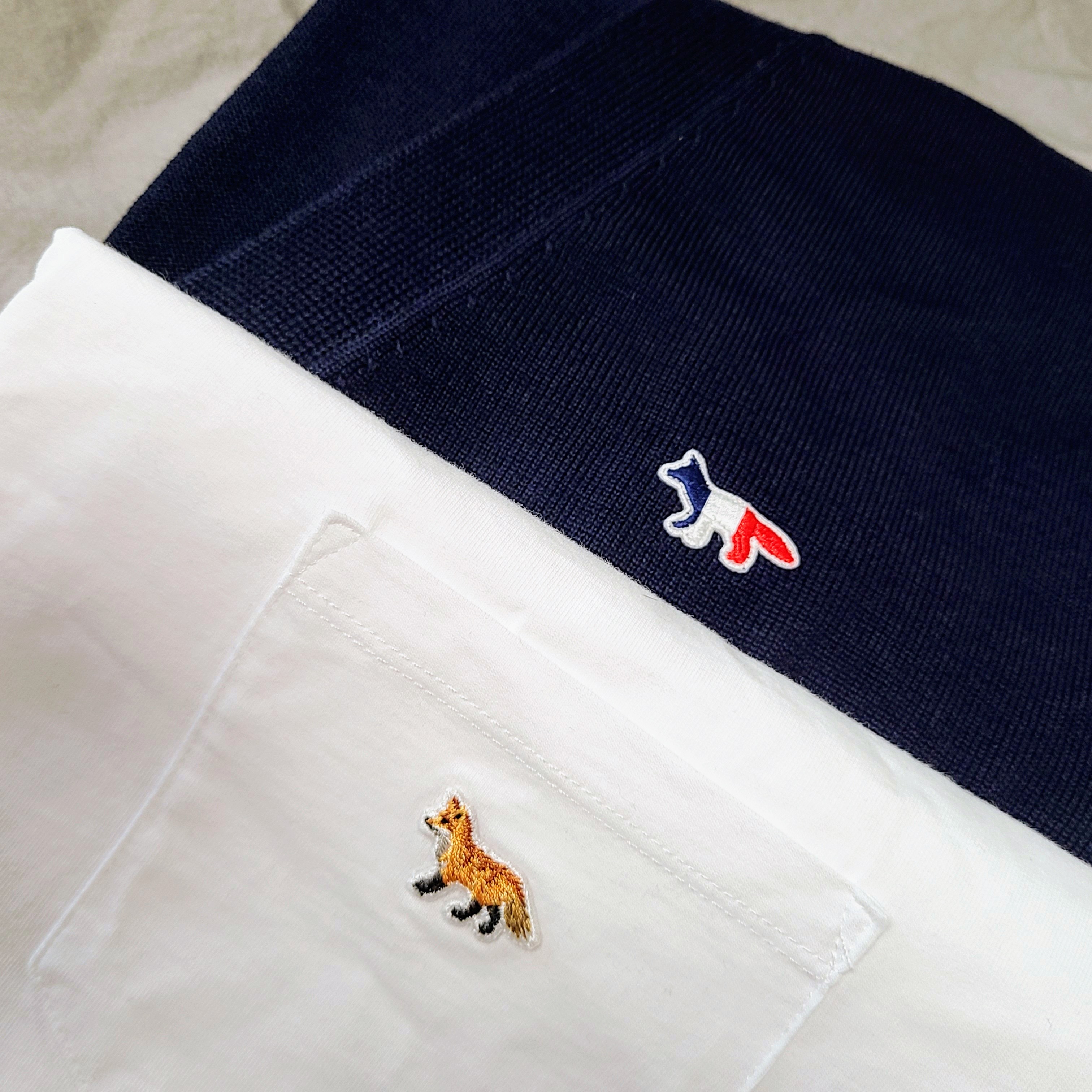 Maison Kitsune Profile Fox Patch Pocket T-Shirt White, Maison Kitsune Tricolor Fox Patch Classic Cardigan Navy 착용 스타일