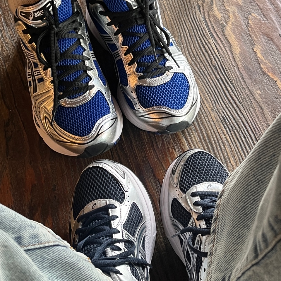 Asics Gel-Kayano 14 Monaco Blue Black, Asics Gel-1130 French Blue Pure Silver 착용 스타일
