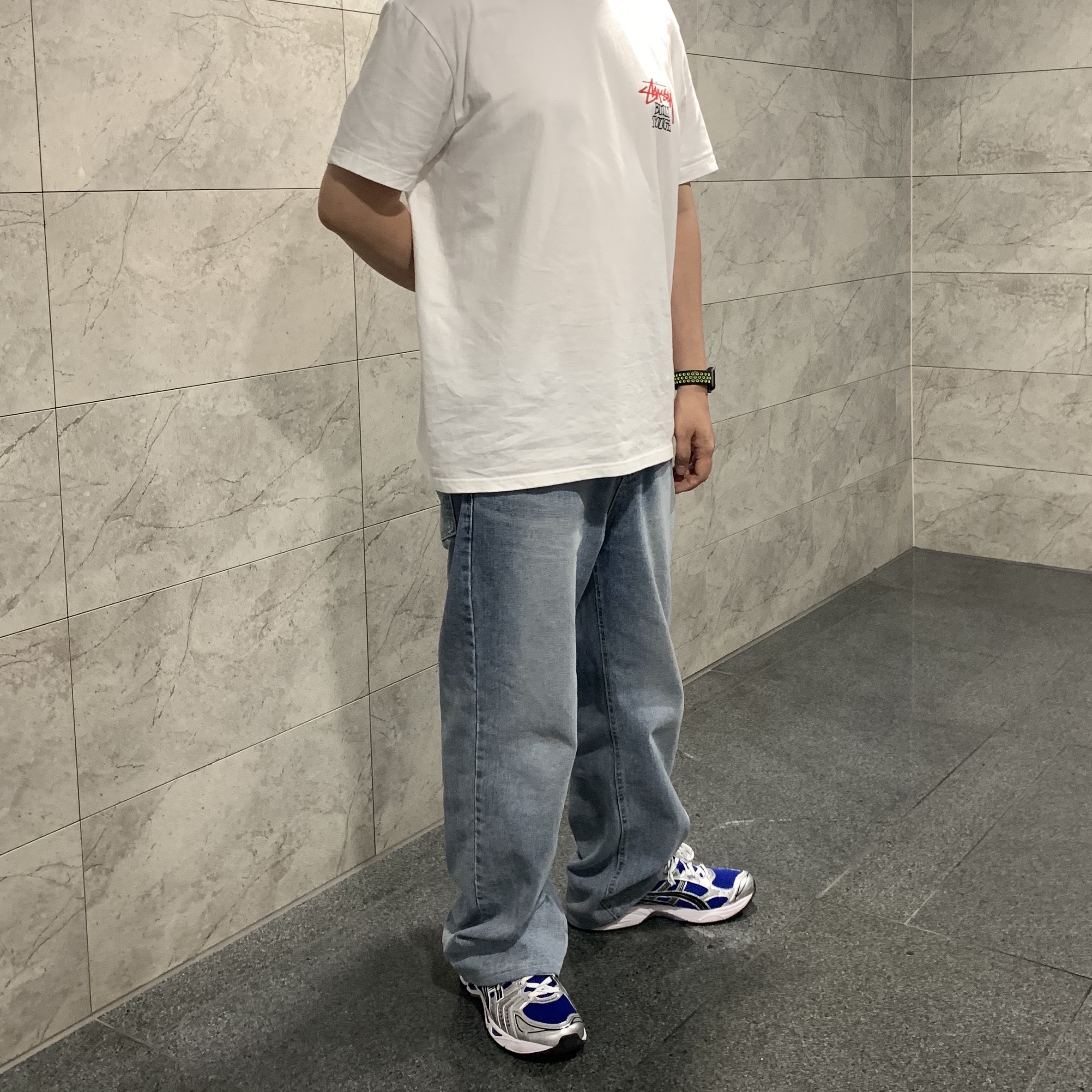 Stussy Built Tough T-Shirt White, Asics Gel-Kayano 14 Monaco Blue Black 착용 스타일 - 2