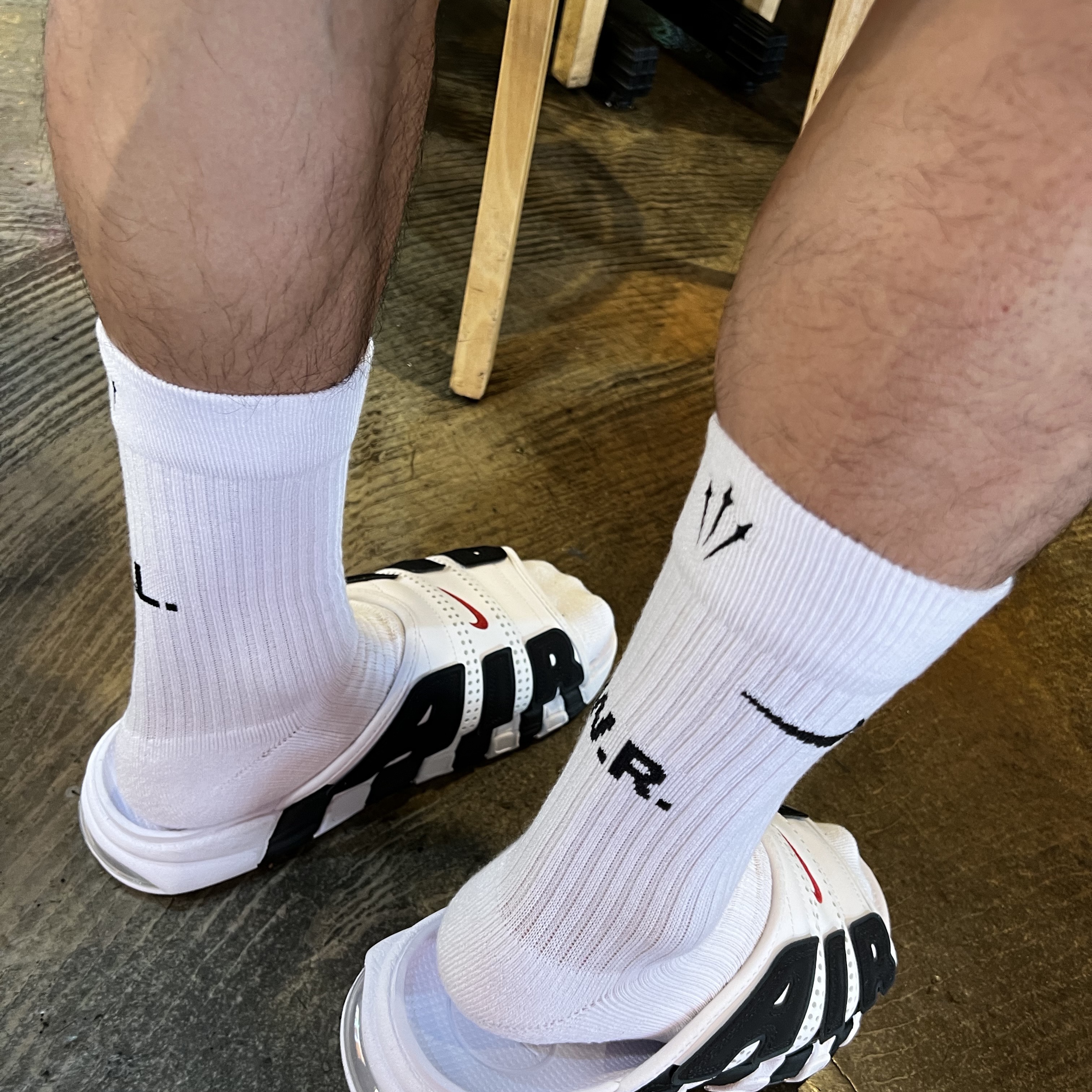 Nike x Drake Nocta Socks White (3 Pack), Nike Air More Uptempo Slide White Black 착용 스타일