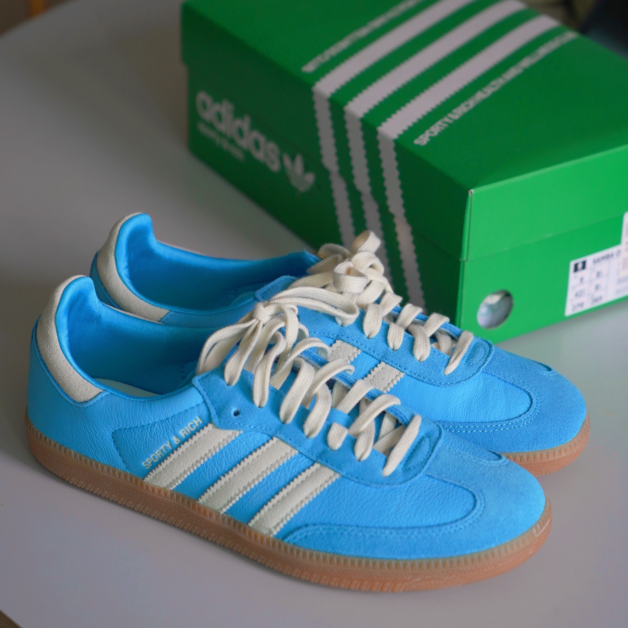 Adidas x Sporty & Rich Samba Blue Rush Cream White 착용 스타일