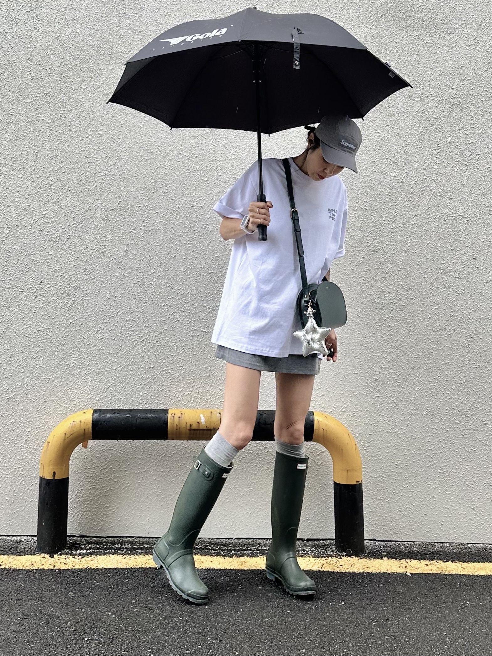 Hunter Women Original Tall RainBoots Hunter Green, Supreme Washed Chino Twill Camp Cap Grey - 22SS 착용 스타일 - 2