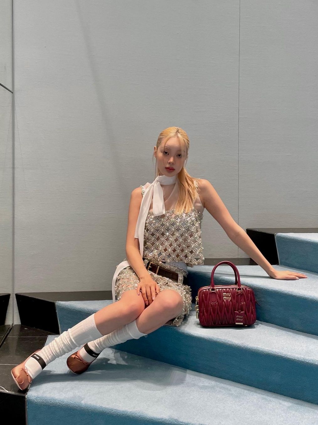(W) Miu Miu Satin Ballerinas Cocoa Brown 착용 스타일