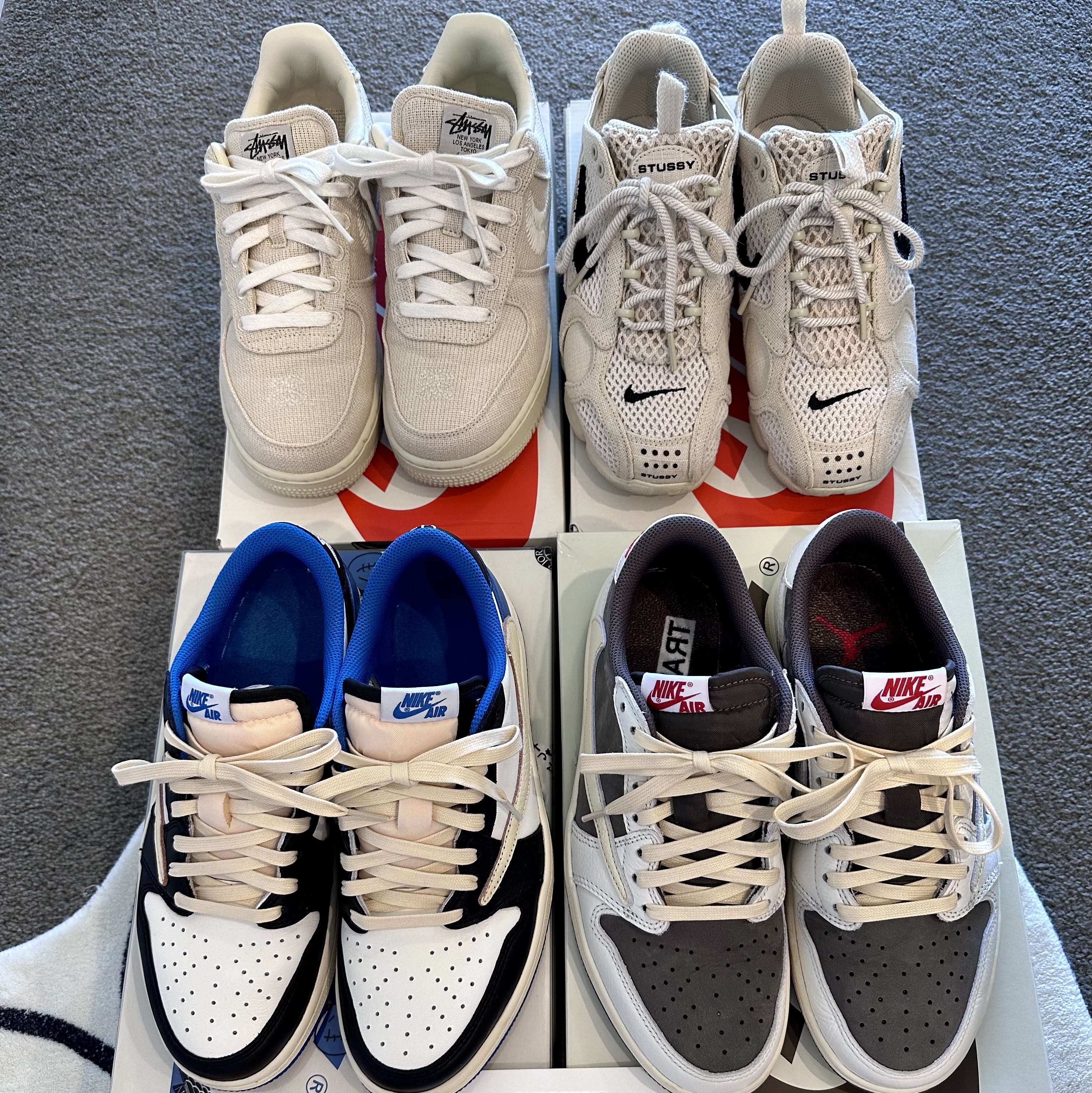 Jordan 1 x Travis Scott x Fragment Retro Low OG SP Military Blue, Jordan 1 x Travis Scott Retro Low OG SP Sail and Ridgerock 착용 스타일